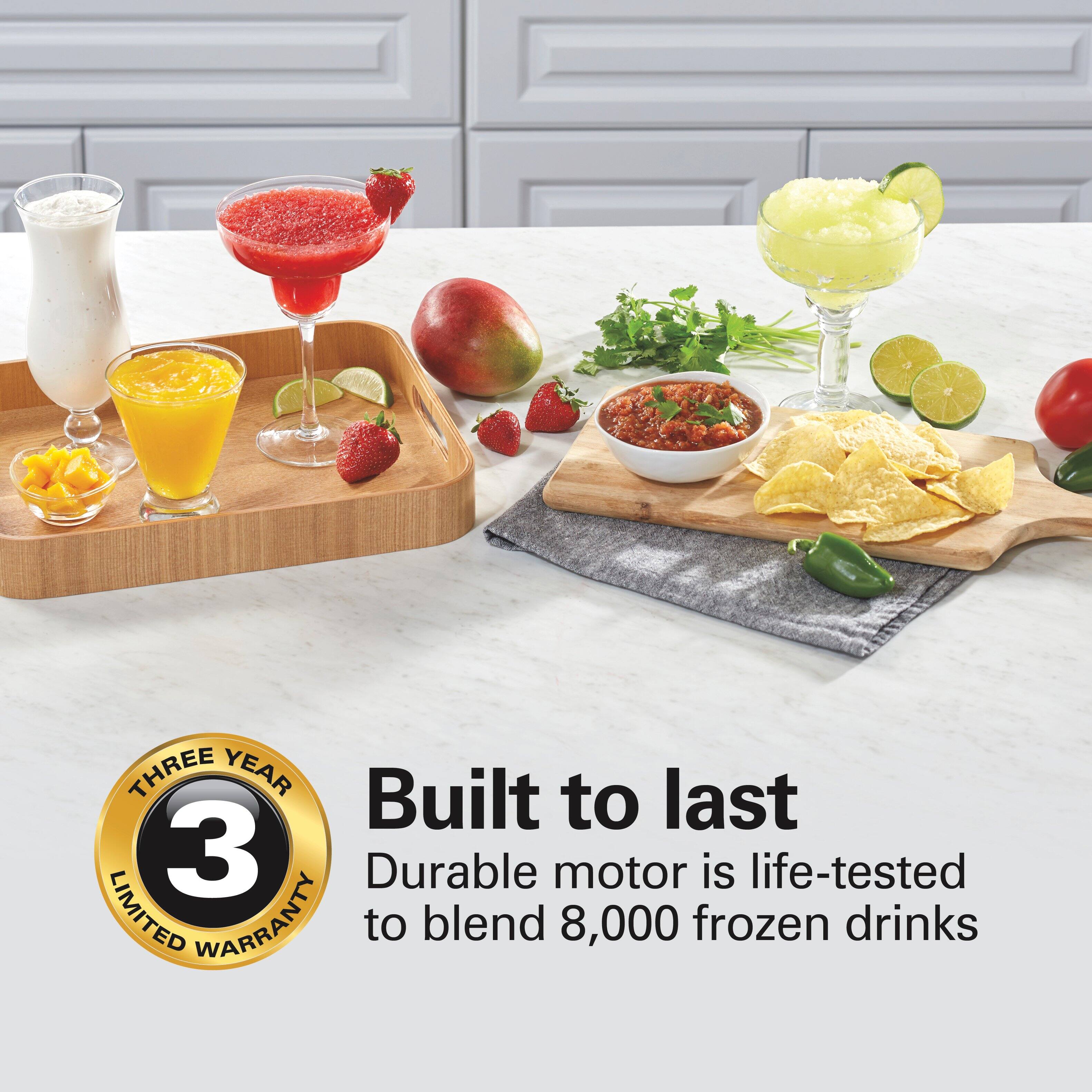 **Built to last**

- Durable motor is life-tested to blend 8,000 frozen drinks

**Three Year Limited Warranty**