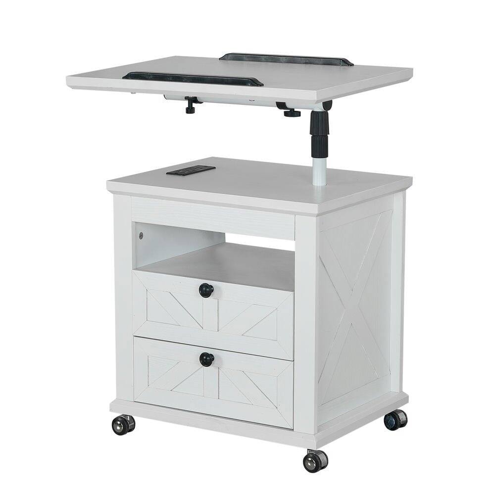 Left. Kadyn - Kadyn Lift Top Desk Cart, Mobile Rolling Table, Wood Storage Cabinet with Drawers, Adjustable Height Utility Cart, White - White.