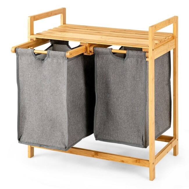 Angle. Hivvago - Natural Bamboo 2 Bin Sliding Laundry Hamper with Storage Shelf - Natural, Grey.