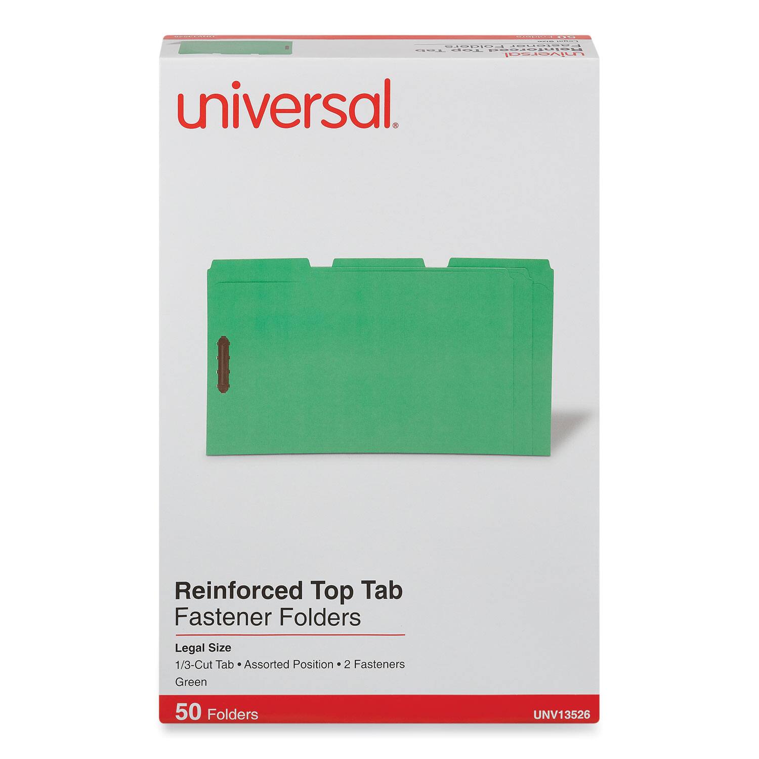 Universal  
Reinforced Top Tab Fastener Folders  
Legal Size  
1/3-Cut Tab • Assorted Position • 2 Fasteners  
Green  
50 Folders  
UNV13526