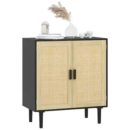 Front. Homcom - Sideboard Buffet Cabinet, 32" Boho Buffet Table, Rattan Coffee Bar Cabinet with 2 Doors and Shelves for Kitchen - Black.