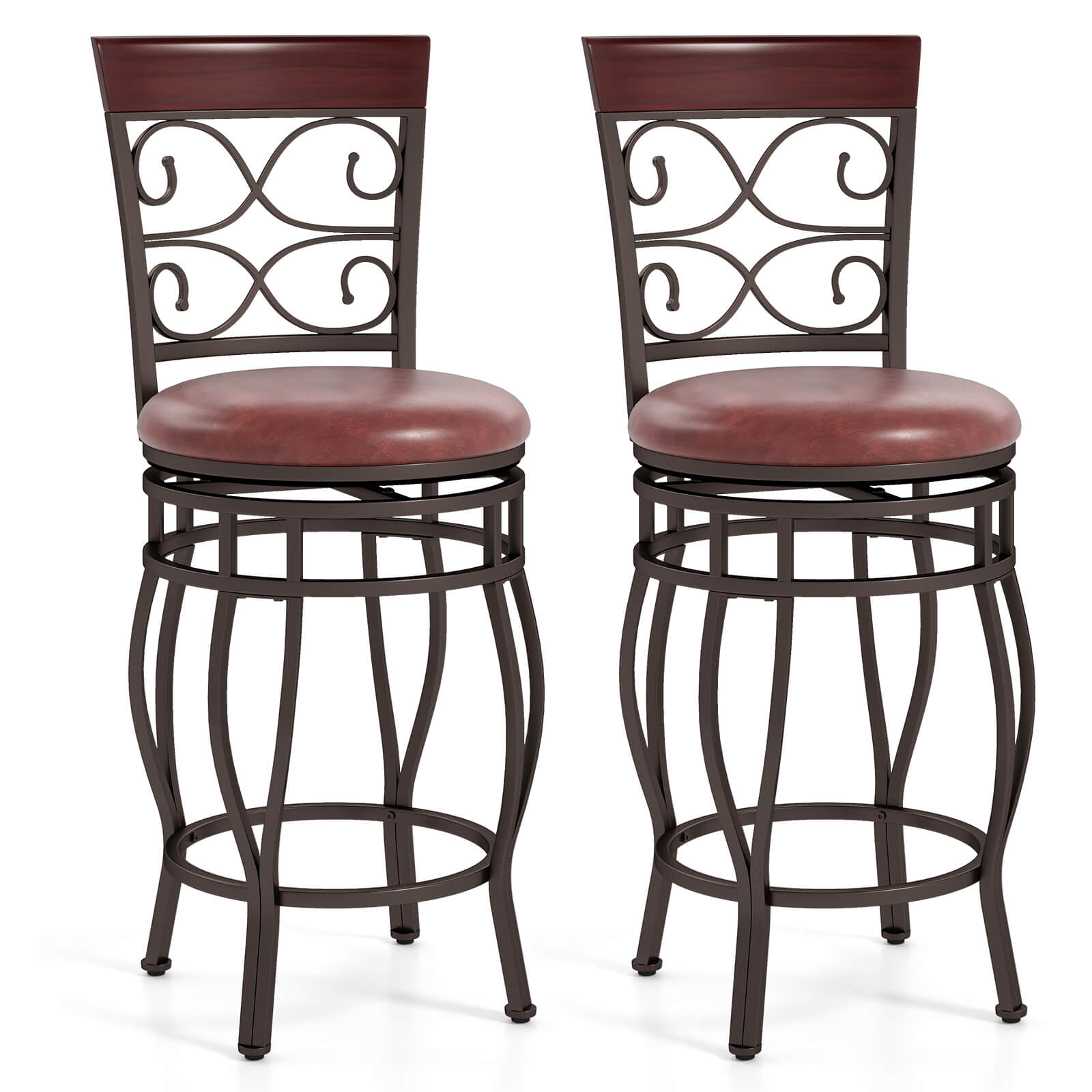Front. Costway - Costway 26" Swivel Bar Stools Set of 2 with Upholstered Seat Scroll Backrest Footrest Brown - Brown.