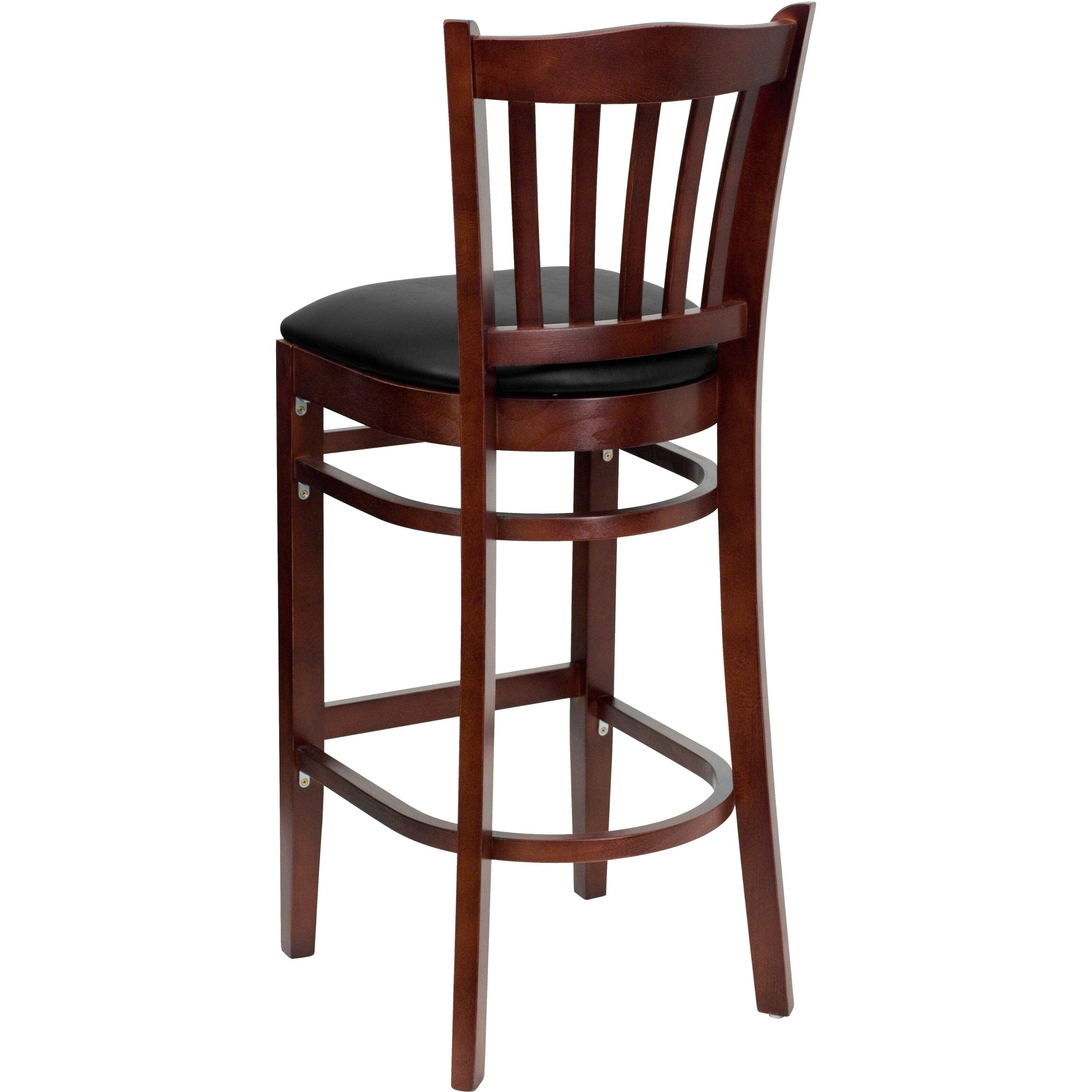 Alt View 5. Emma + Oliver - Vertical Slat Back Wooden Restaurant Dining Barstool - Black Vinyl Seat/Mahogany Wood Frame.