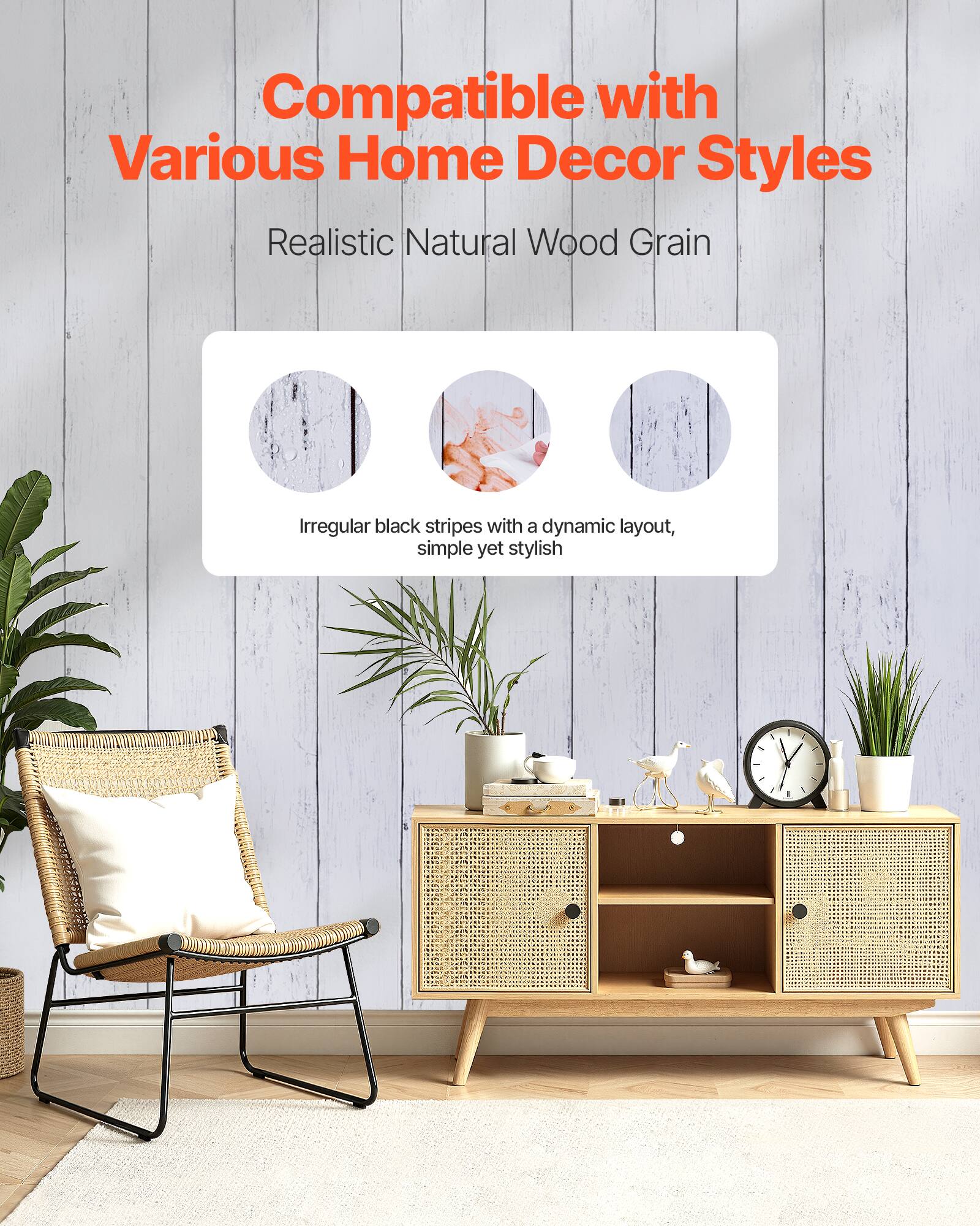 Compatible with Various Home Decor Styles

Realistic Natural Wood Grain

Irregular black stripes with a dynamic layout, simple yet stylish