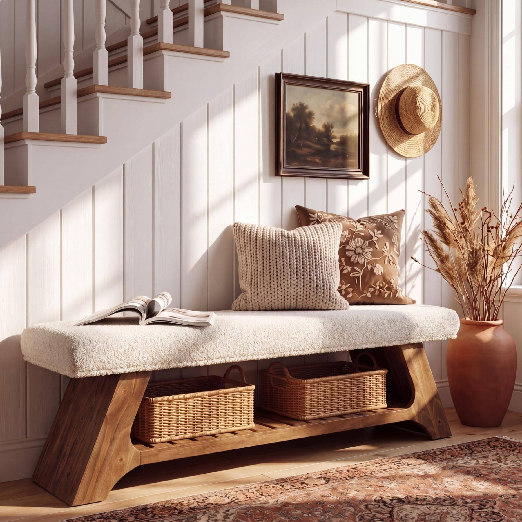 Alt View 3. Tribesigns - Solid Wood Upholstered Bench with Storage, 55" Entryway Bench - Dark Brown.