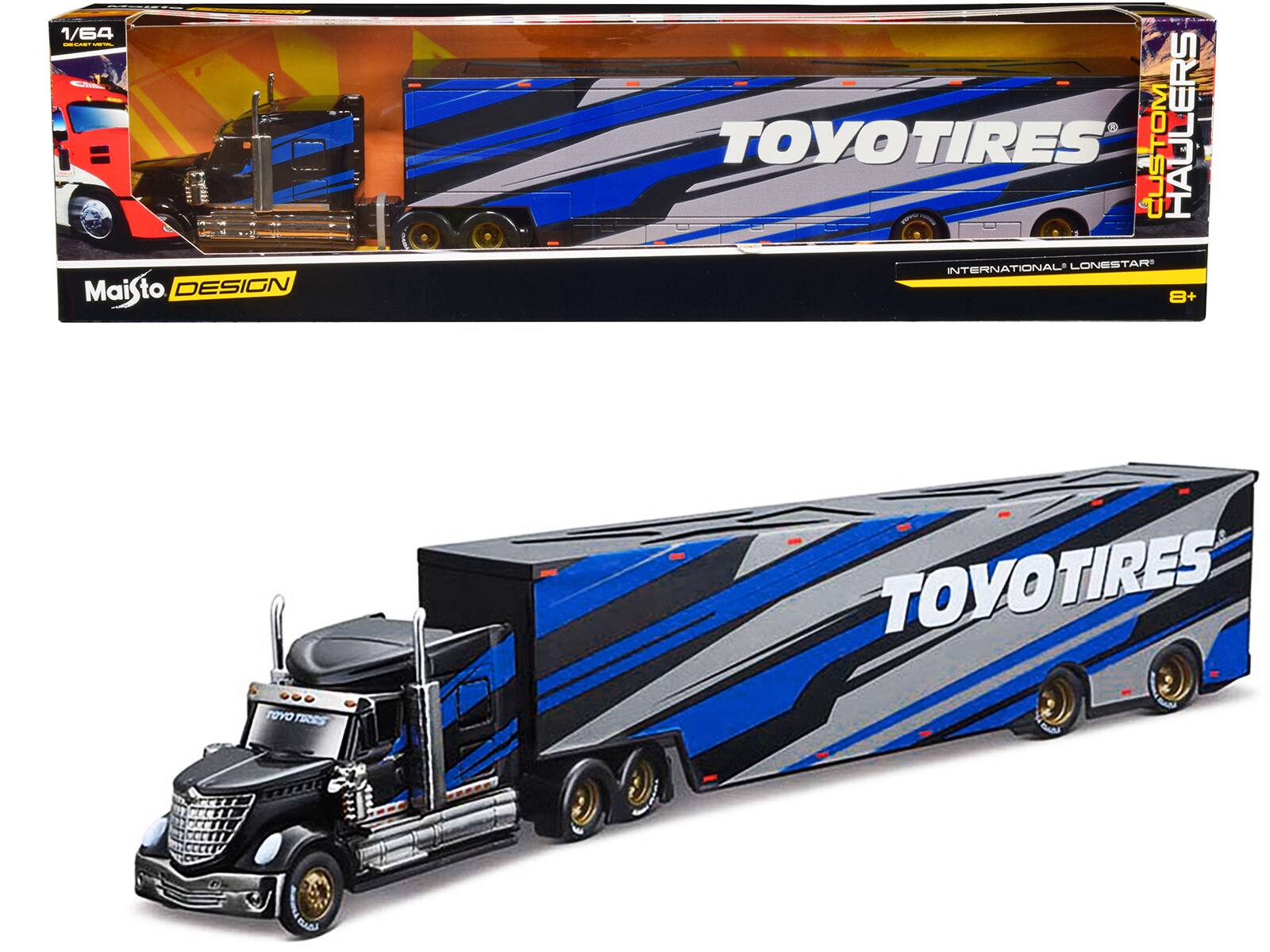 "International LoneStar Enclosed Car Transporter ""Toyo Tires"" Black with Blue & Gray Stripes 1/64 Diecast Model by Maisto" price history on PriceWatchPro