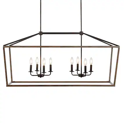 Front. Jonathan Y - Oria 46" 8-Light Iron Farmhouse Industrial Lantern LED Pendant, Oil Rubbed Bronze/Faux Wood - Oil Rubbed Bronze.