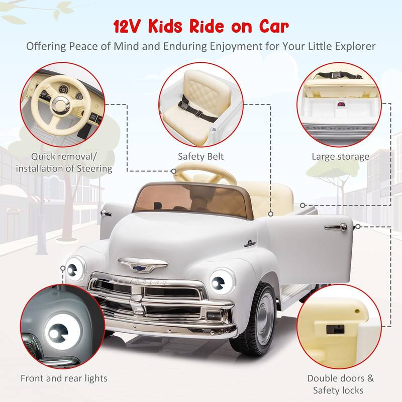 12V Kids Ride on Car  
Offering Peace of Mind and Enduring Enjoyment for Your Little Explorer  

- Quick removal/installation of Steering  
- Safety Belt  
- Large storage  
- Front and rear lights  
- Double doors & Safety locks