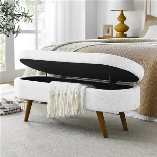 Back. SlickBlue - Mid-Century Modern Boho Storage Bench – Linen Upholstered Bedroom Seat - White.