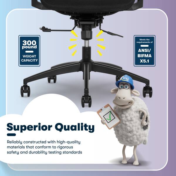 300 pound WEIGHT CAPACITY  
Meets the requirements of ANSI/BIFMA X5.1  

Serta Superior Quality  
Reliably constructed with high-quality materials that conform to rigorous safety and durability testing standards