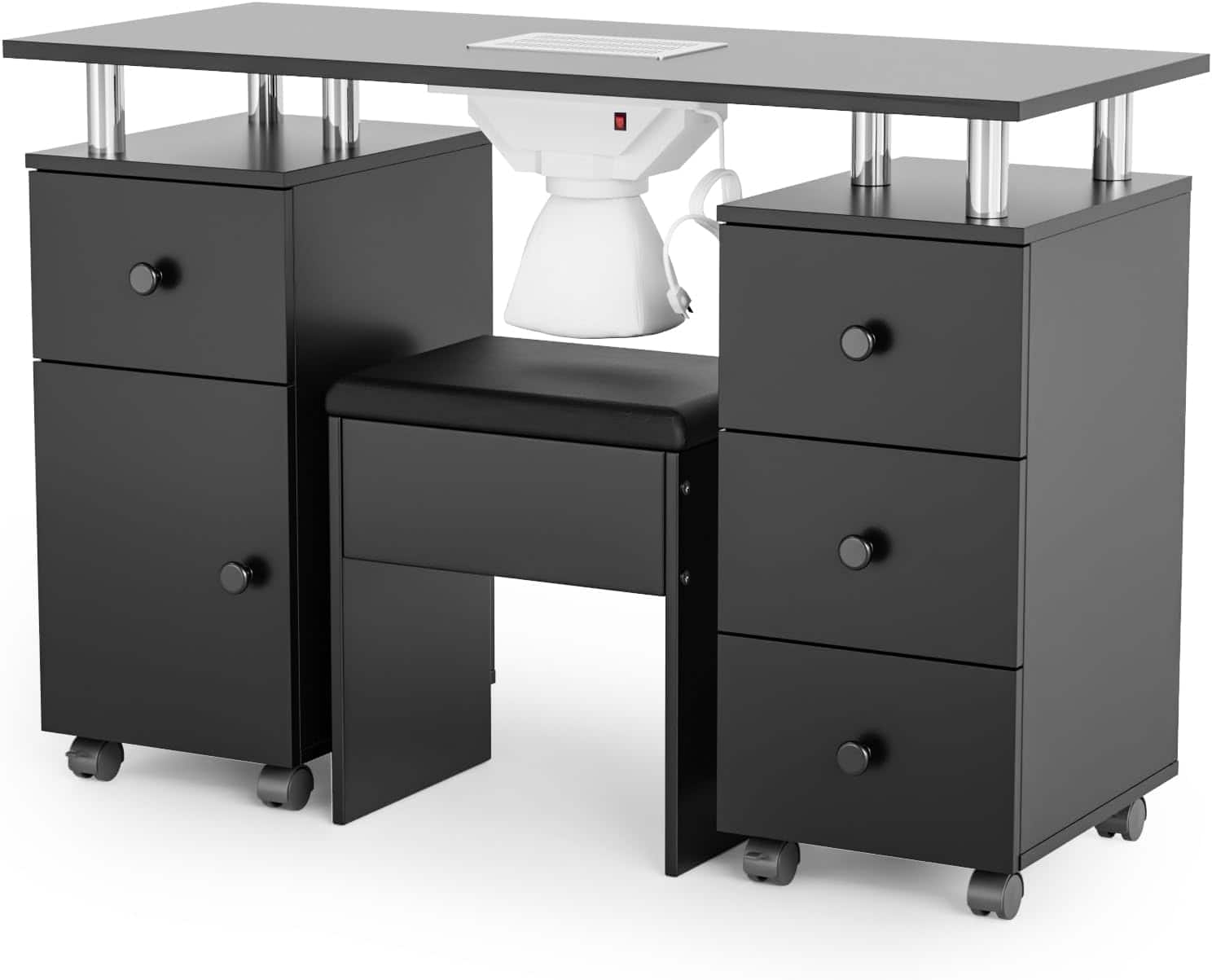 Winado - Nail Desk and Chair Set, Manicure Table with Stool, Dust Collector, Arm Rest, Wheels, Drawers, Cabinet for Makeup Beauty - Black