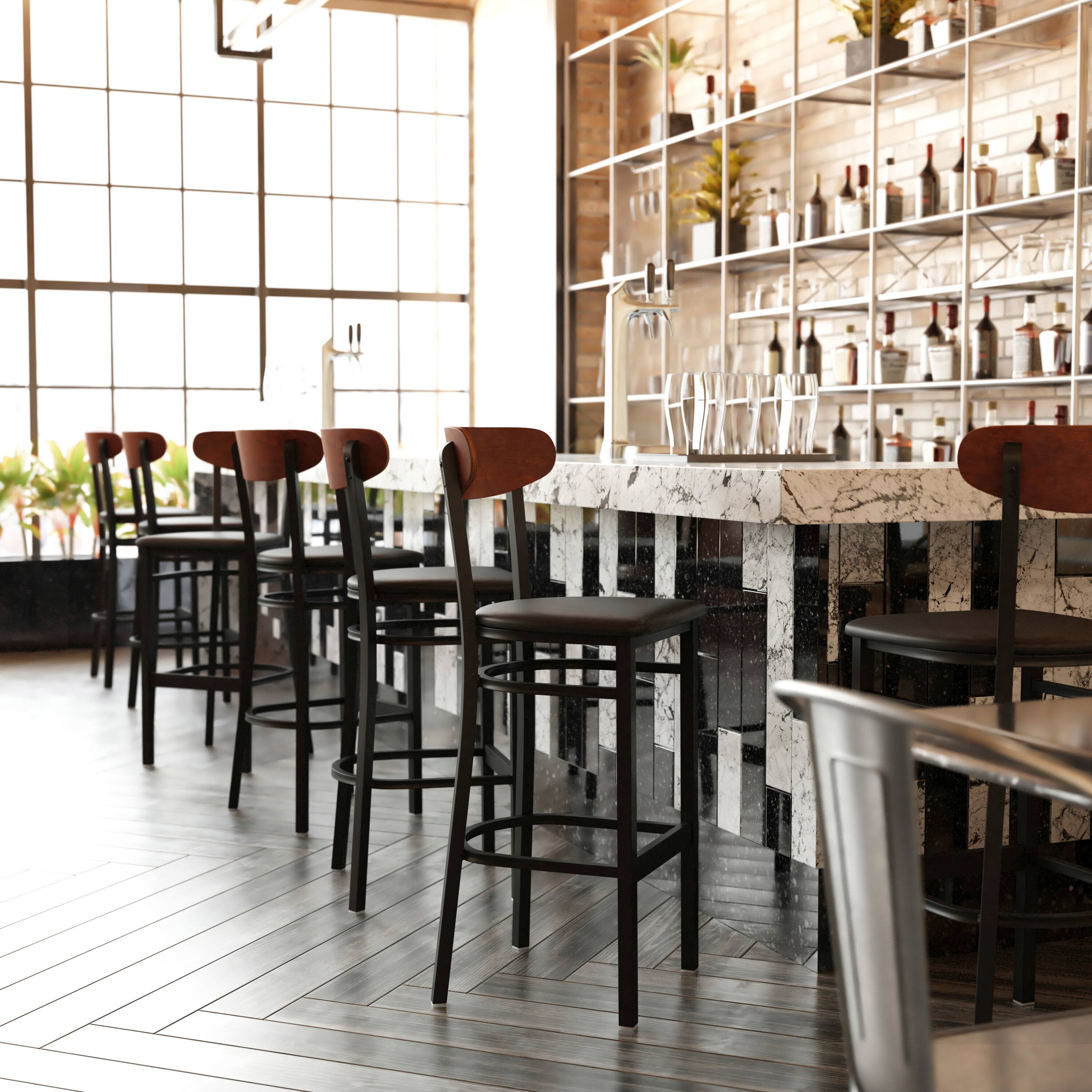 Alt View 2. Flash Furniture - Wright Commercial Barstool with 500 LB. Capacity Black Steel Frame, Walnut Finish Wooden Boomerang Back, and Black Vinyl - Black.