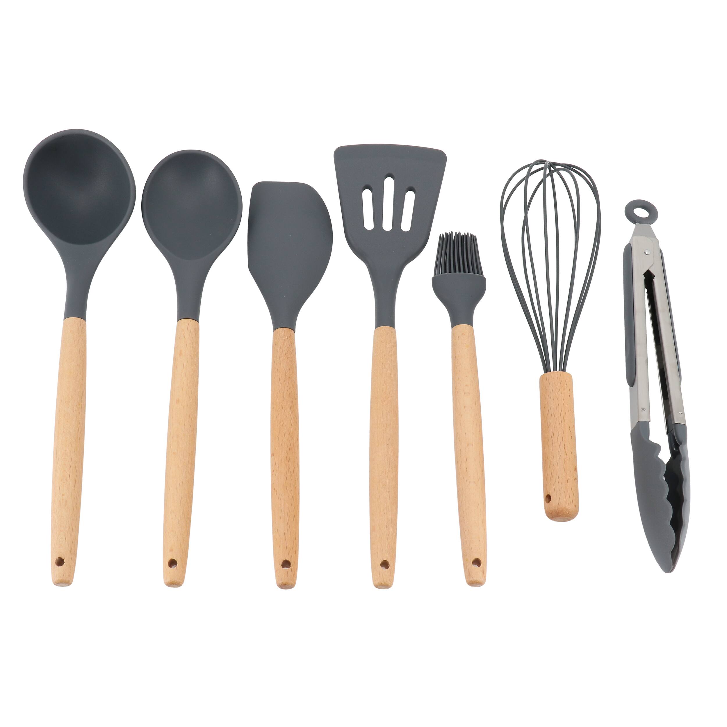 Front. Gibson - Gibson Home Holton 7 Piece Silicone Beech Wood Kitchen Tool Set in Grey.