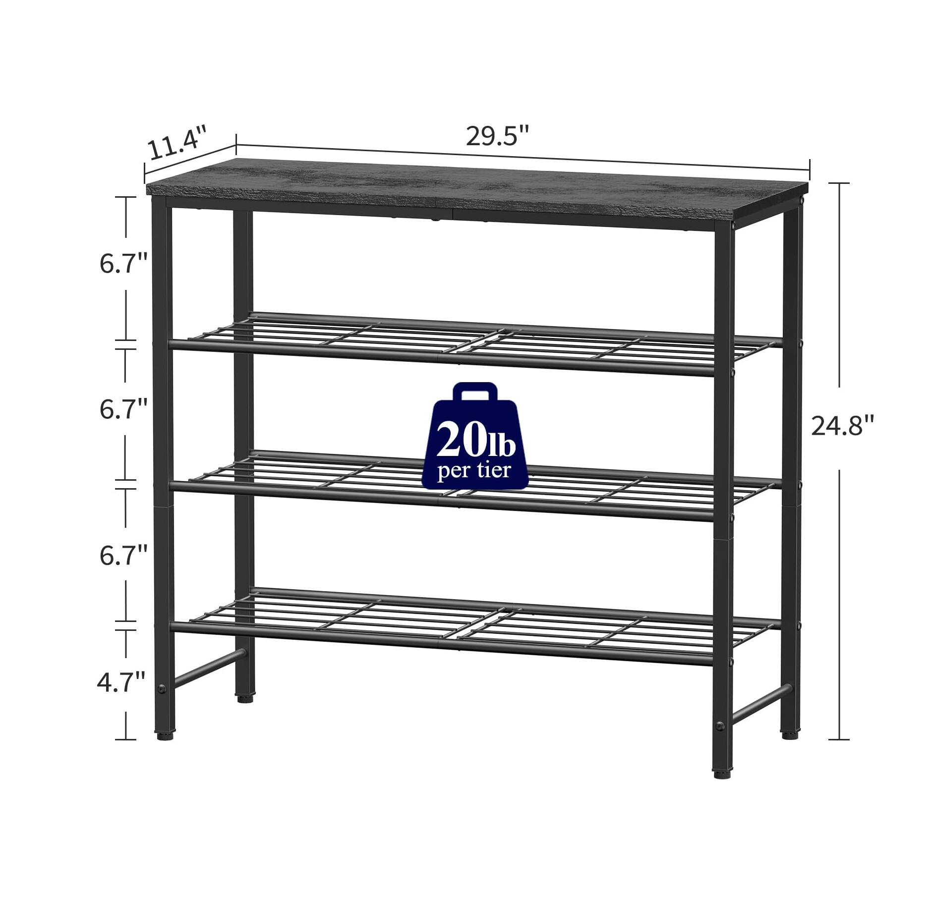 11.4" W x 29.5" D x 24.8" H  
6.7" between shelves  
4.7" from floor to bottom shelf  
20 lb per tier
