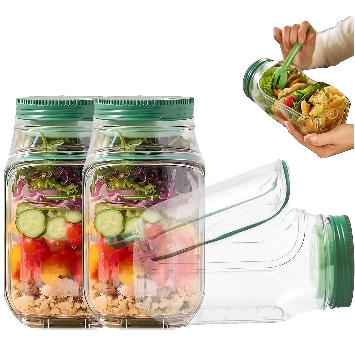 Front. Giantpower - 2pcs Salad Jar - Salad Pod Mason Jar Side Open with Leakproof Dressing Compartment.