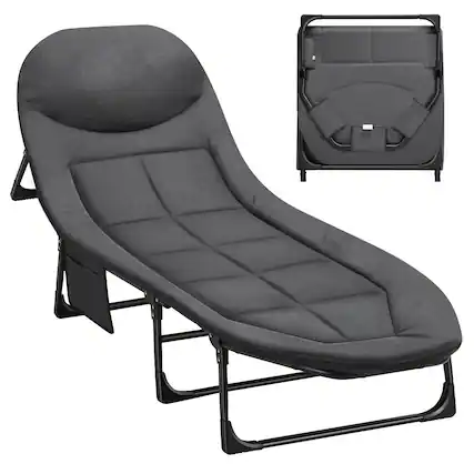 Front. Oumilen - Adjustable Folding Camping Cot with Padded Mattress & Side Pocket - Gray.