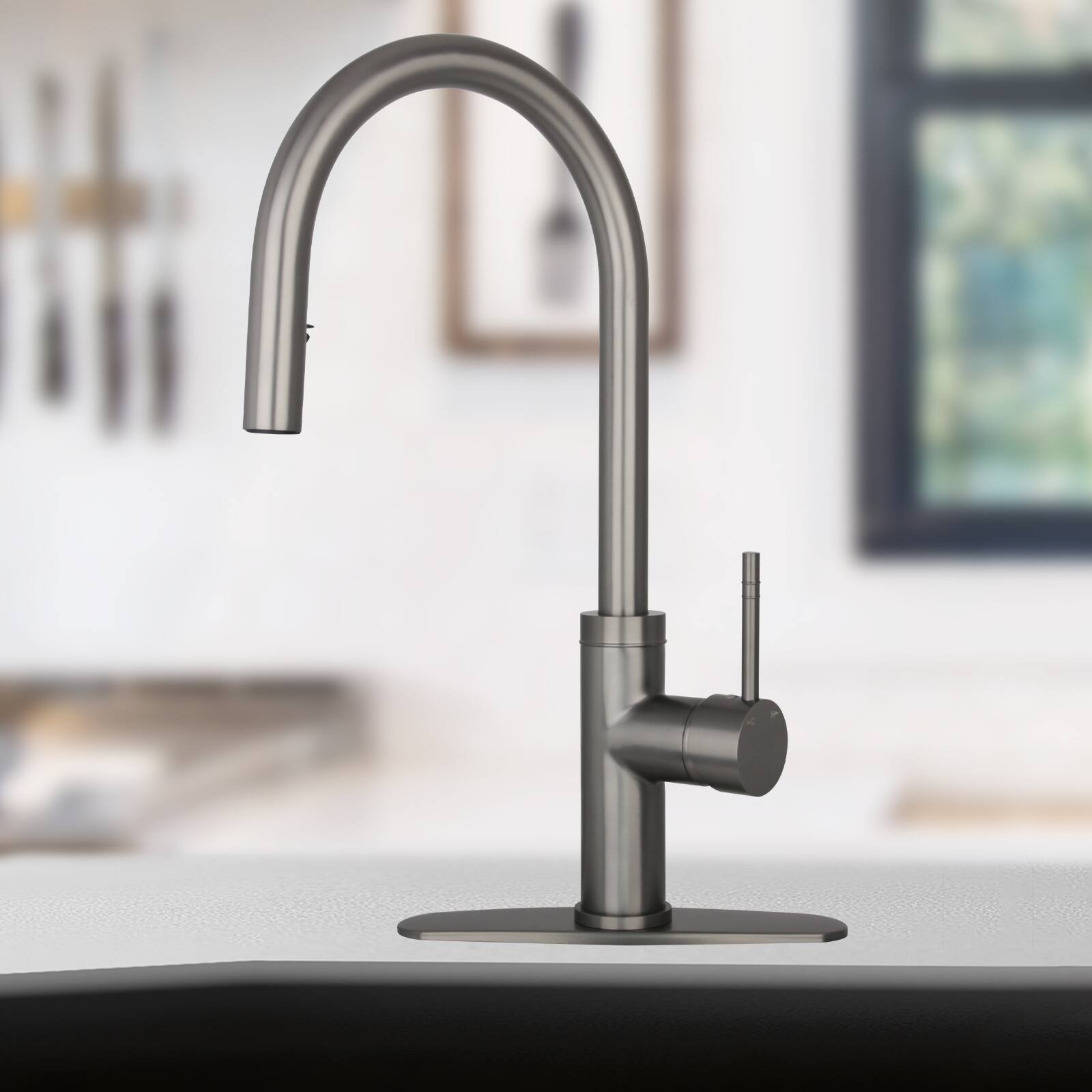 Alt View 4. Akicon - Akicon Single Handle Solid Brass Kitchen Faucet with Pull Down Sprayer in Gun Black - Gun Black.