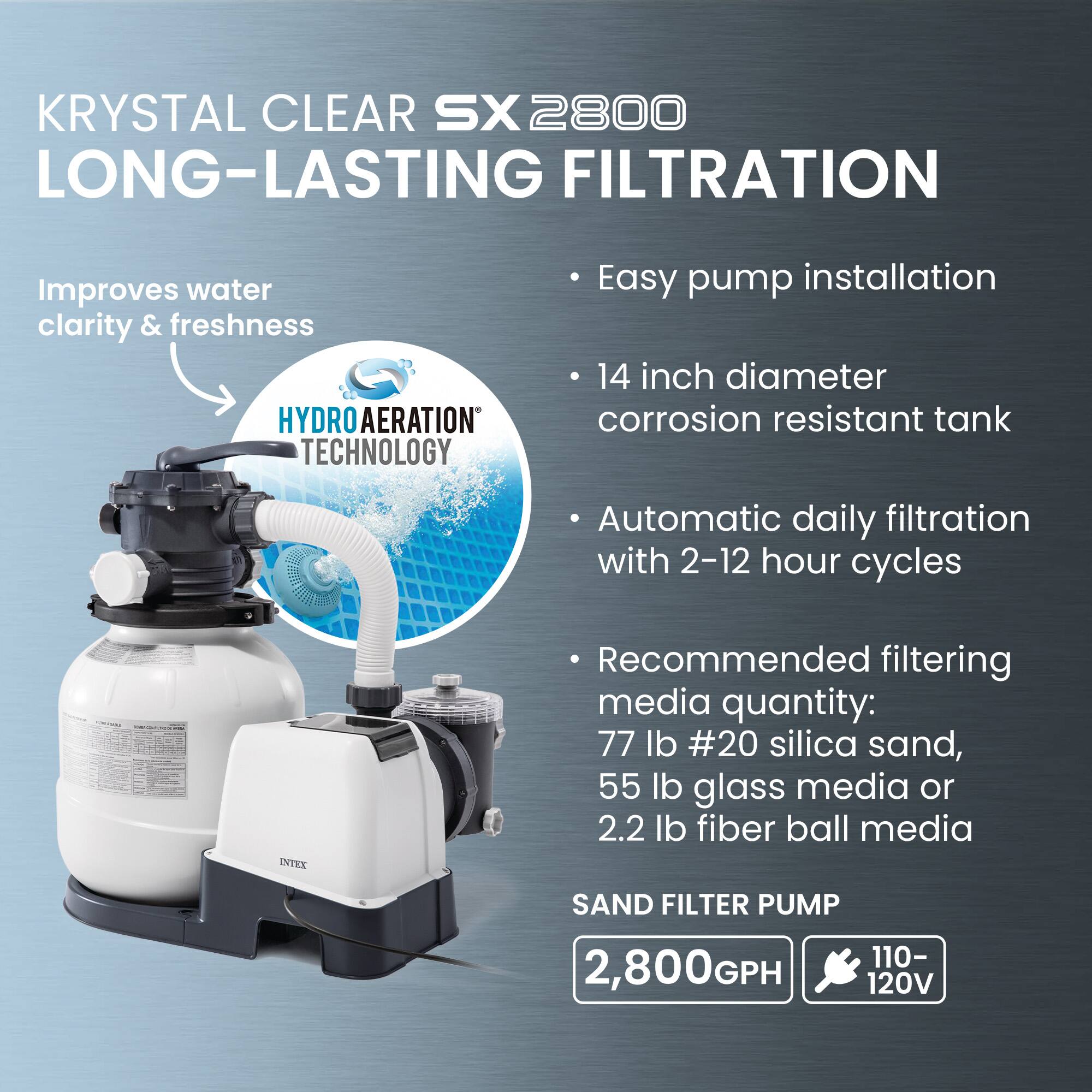 KRYSTAL CLEAR SX 2800  
LONG-LASTING FILTRATION

Improves water clarity & freshness

HYDRO AERATION TECHNOLOGY

- Easy pump installation
- 14 inch diameter corrosion resistant tank
- Automatic daily filtration with 2-12 hour cycles
- Recommended filtering media quantity: 77 lb #20 silica sand, 55 lb glass media or 2.2 lb fiber ball media

SAND FILTER PUMP  
2,800GPH  
110-120V