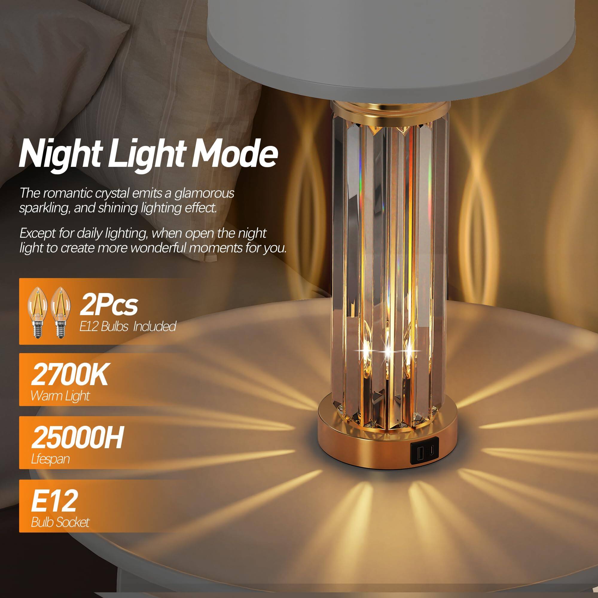 Night Light Mode

The romantic crystal emits a glamorous sparkling, and shining lighting effect. Except for daily lighting, when open the night light to create more wonderful moments for you.

2Pcs E12 Bulbs Included

2700K Warm Light

25000H Lifespan

E12 Bulb Socket