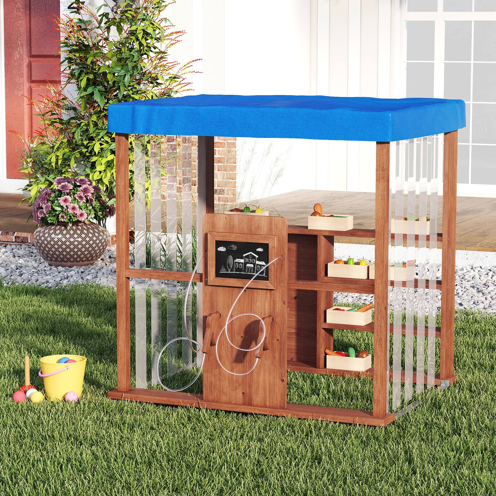 Alt View 3. Gymax - Gymax Kids Gas Station Playhouse w/ Gas Refueling Guns Chalkboards & Storage Shelves - Blue, Brown.