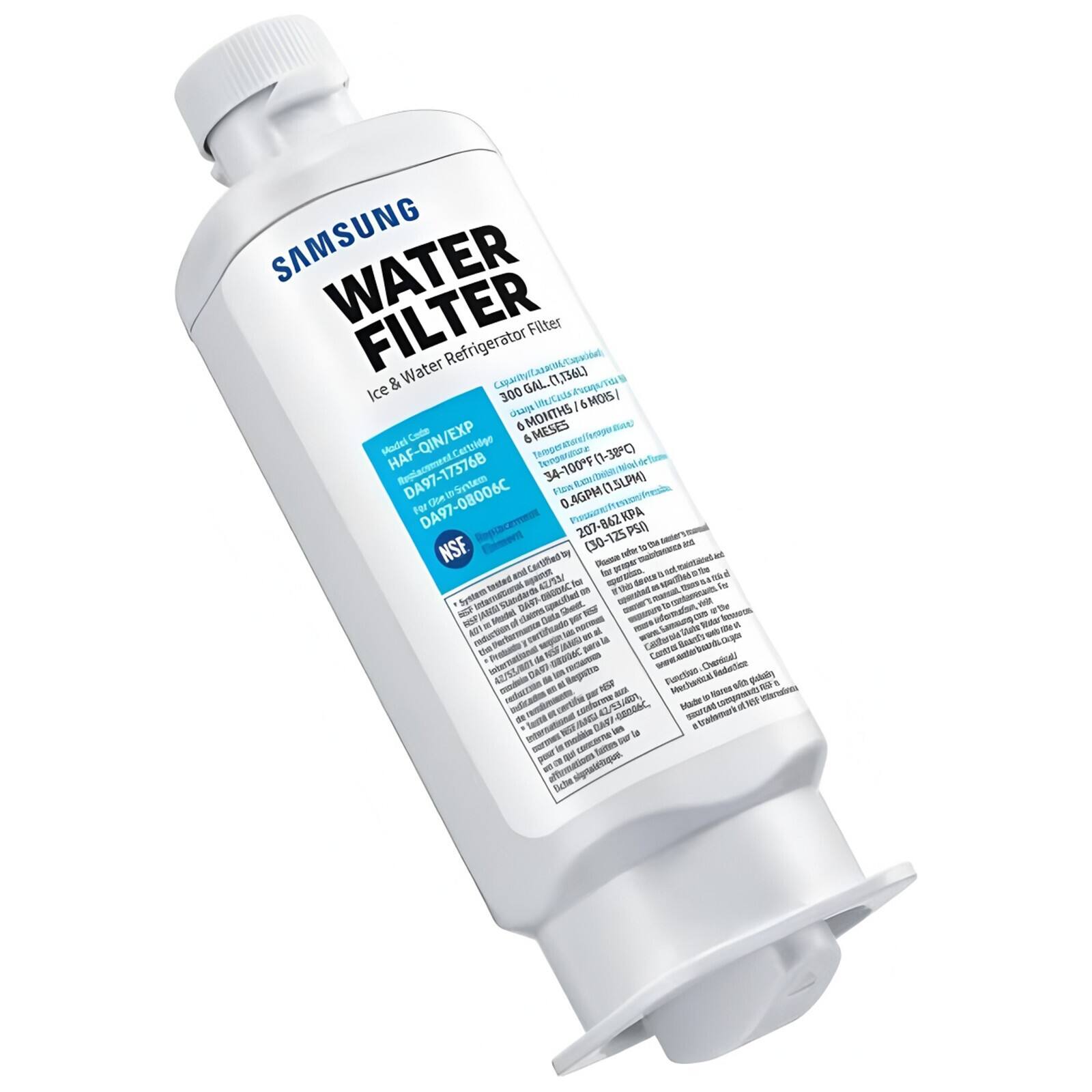 SAMSUNG WATER FILTER  
Ice & Water Refrigerator Filter  

Model: HAF-QIN/EXP  
Cartridge: DA97-17576B  
System: DA97-08006C  

Capacity: 300 GAL (1,135 L)  
Flow Rate: 0.4 GPM (1.5 LPM)  
Operating Pressure: 30-125 PSI (2.07-862 kPa)  
Temperature Range: 32-100°F (0-38°C)  

NSF Certified  
NSF/ANSI Standard 42: Aesthetic Effects  
NSF/ANSI Standard 401: Emerging Contaminants  

For use in Samsung refrigerators with the following models:  
- HAF-QIN/EXP  
- DA97-08006C  

Certified to reduce:  
- Chlorine Taste and Odor  
- Particulates (Class I)  
- Cysts  
- Lead (NSF/ANSI Standard 42)  
- Pesticides, Pharmaceuticals, Personal Care Products, and Endocrine Disruptors (NSF/ANSI Standard