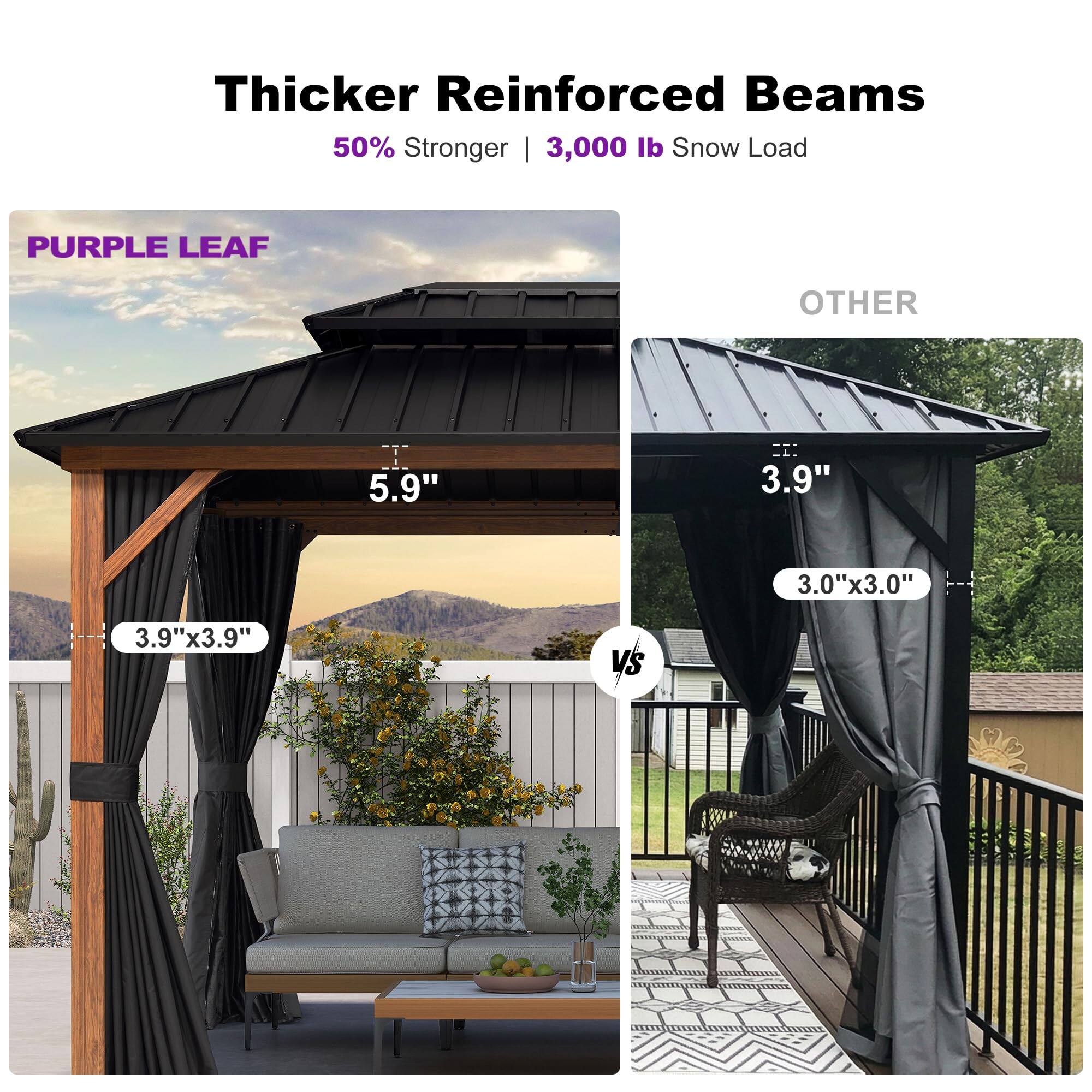 Thicker Reinforced Beams  
50% Stronger | 3,000 lb Snow Load  

PURPLE LEAF  
5.9"  
3.9"x3.9"  

OTHER  
3.9"  
3.0"x3.0"  

vs