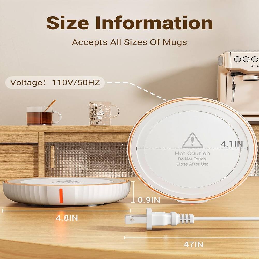 Size Information  
Accepts All Sizes Of Mugs  

Voltage: 110V/50HZ  

Hot Caution  
Do Not Touch  
Close After Use  

4.1IN  
0.9IN  
4.8IN  
47IN