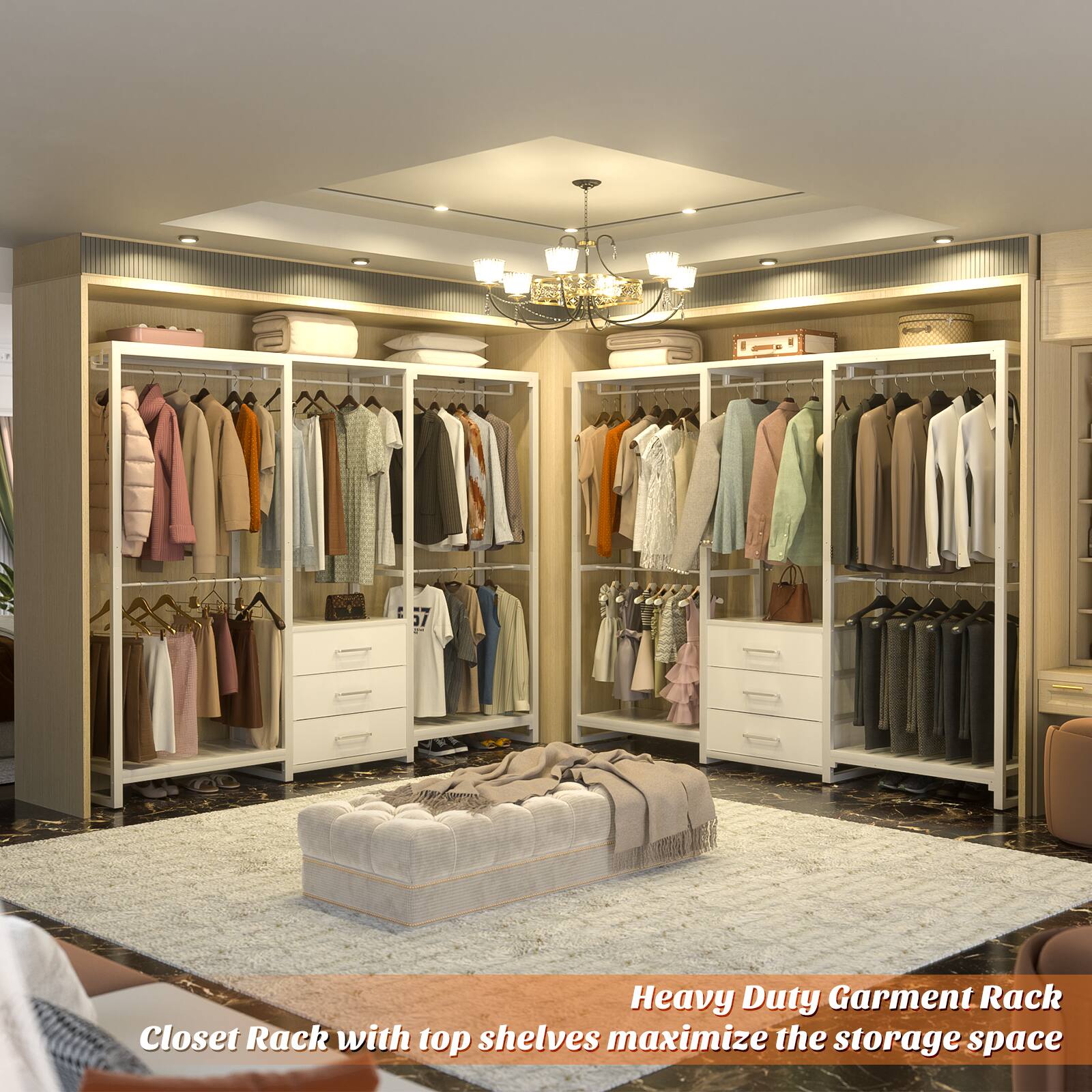 Heavy Duty Garment Rack Closet Rack with top shelves maximize the storage space