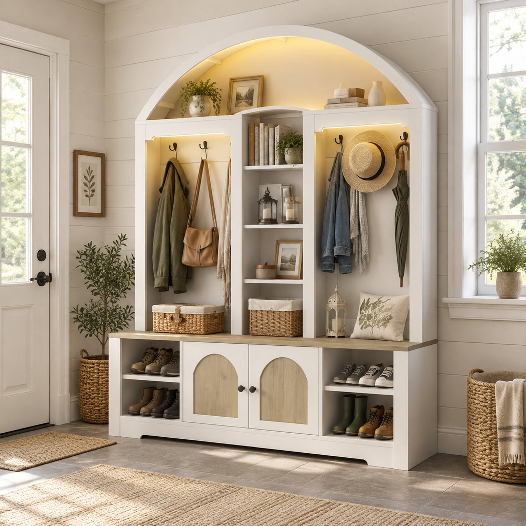 RYHNUYNE Curved Hall Tree Wardrobe, MDF Entryway Storage Cabinet, 59 in ...