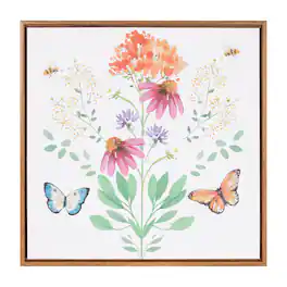 BreeBe - Framed Floral and Butterfly Wall Art 15.5"SQ - Red, White, Green