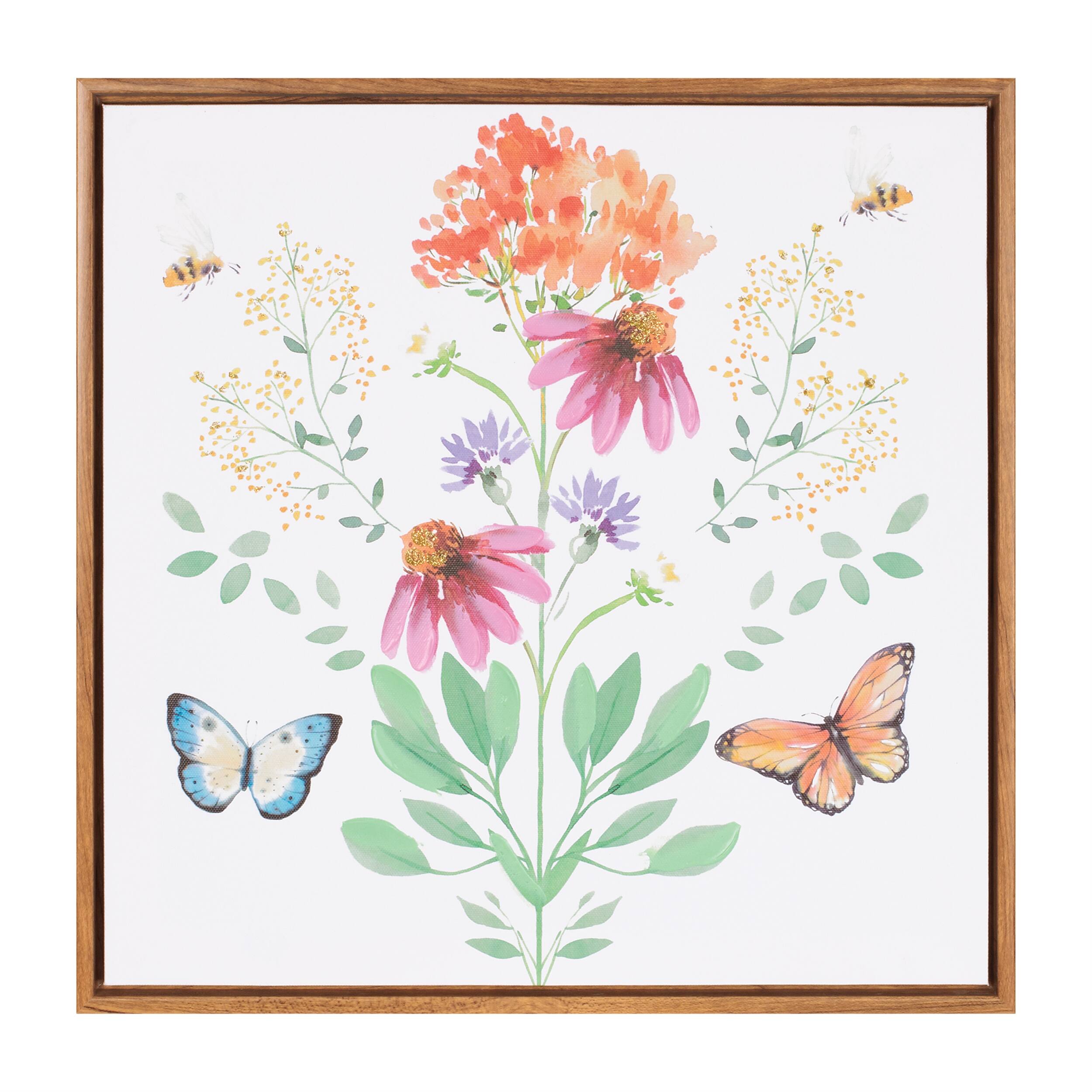Front. BreeBe - Framed Floral and Butterfly Wall Art 15.5"SQ - Red, White, Green.