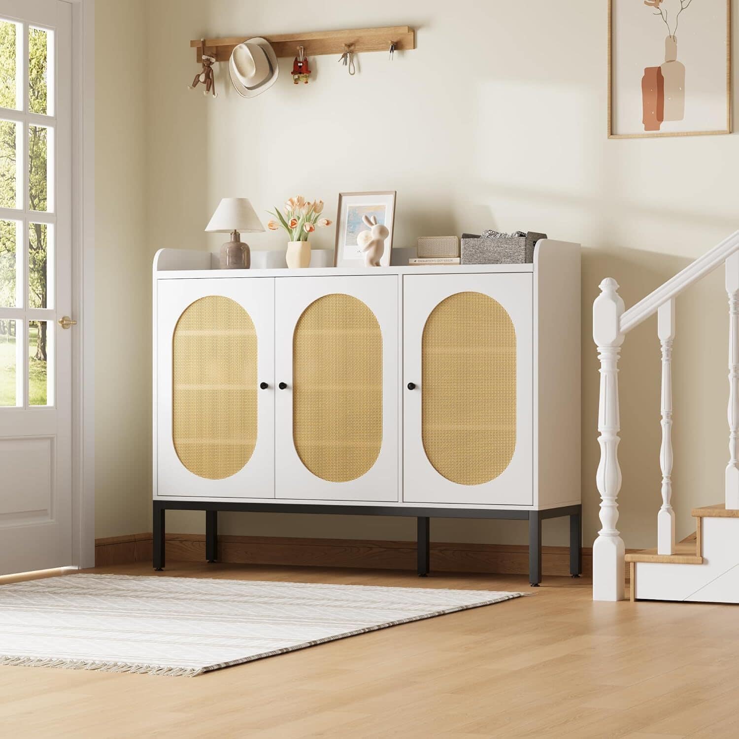 Babevy - Boho-Style Rattan Shoe Cabinet – Freestanding 3-Door Organizer with Large Storage Capacity for 24-28 Shoes - White