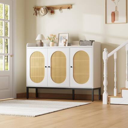 Front. Babevy - Boho-Style Rattan Shoe Cabinet – Freestanding 3-Door Organizer with Large Storage Capacity for 24-28 Shoes - White.