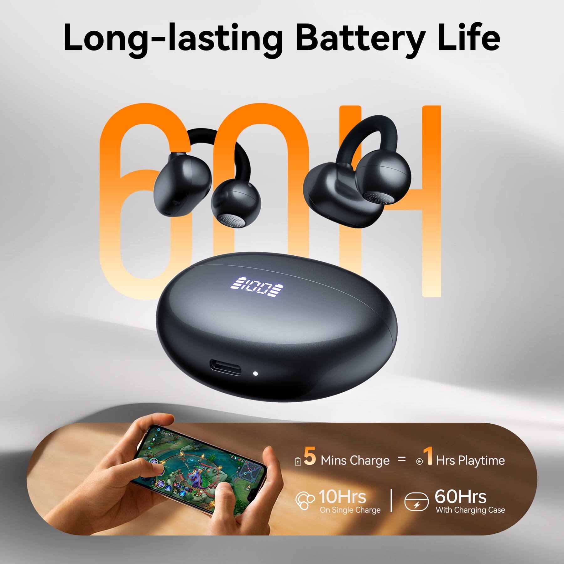 Long-lasting Battery Life

5 Mins Charge = 1 Hrs Playtime

10Hrs On Single Charge | 60Hrs With Charging Case