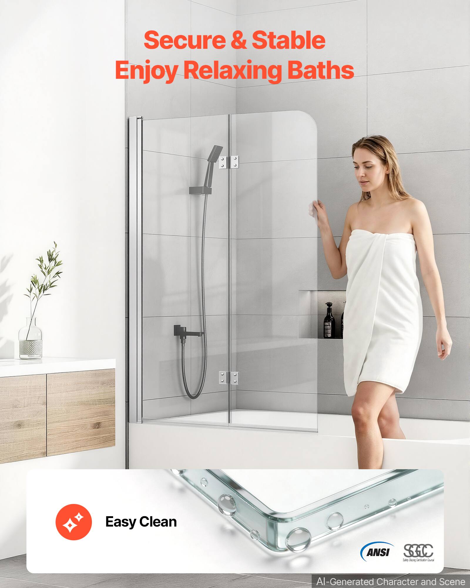 Secure & Stable  
Enjoy Relaxing Baths  

Easy Clean  

ANSI SGC  

AI-Generated Character and Scene