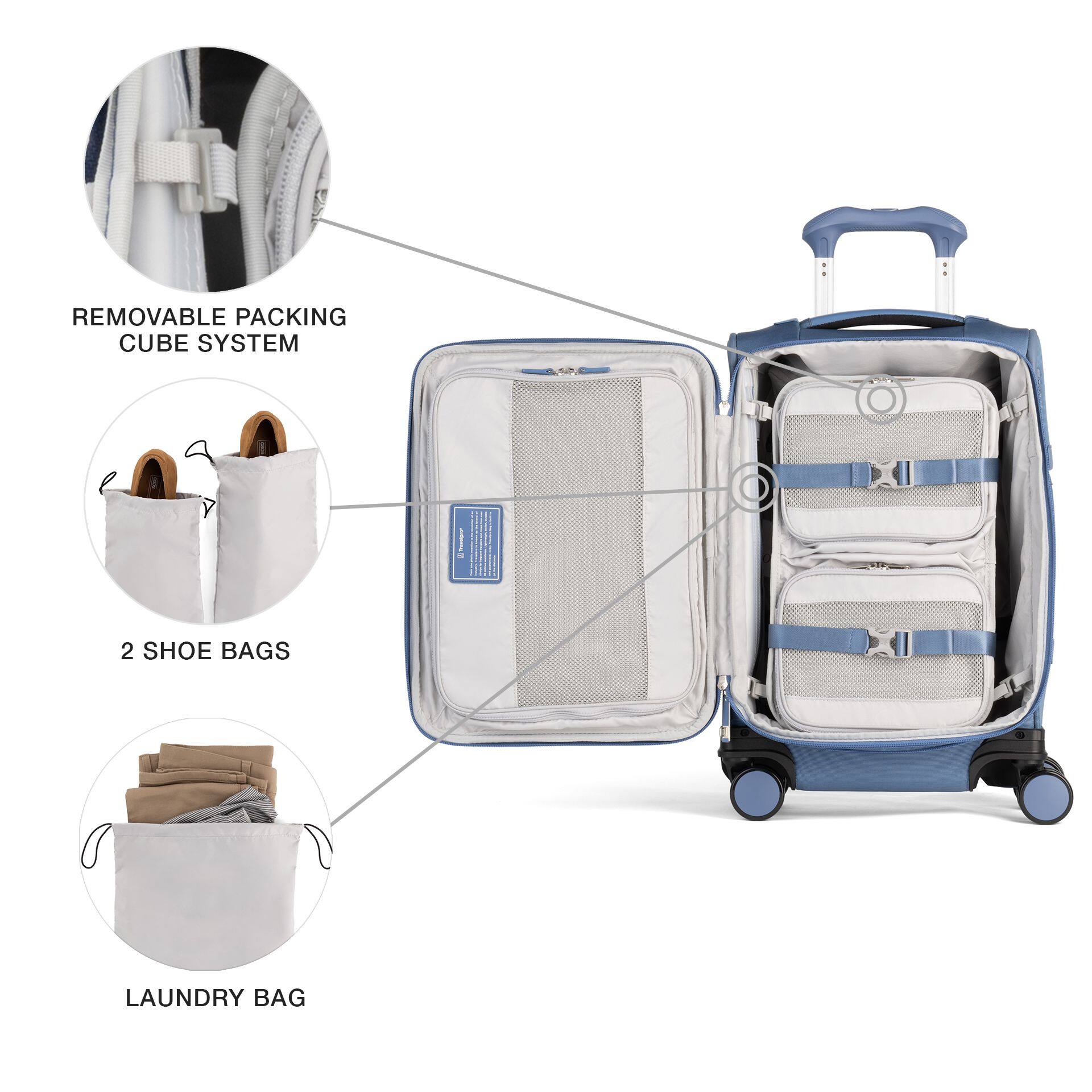 REMOVABLE PACKING CUBE SYSTEM  
2 SHOE BAGS  
LAUNDRY BAG