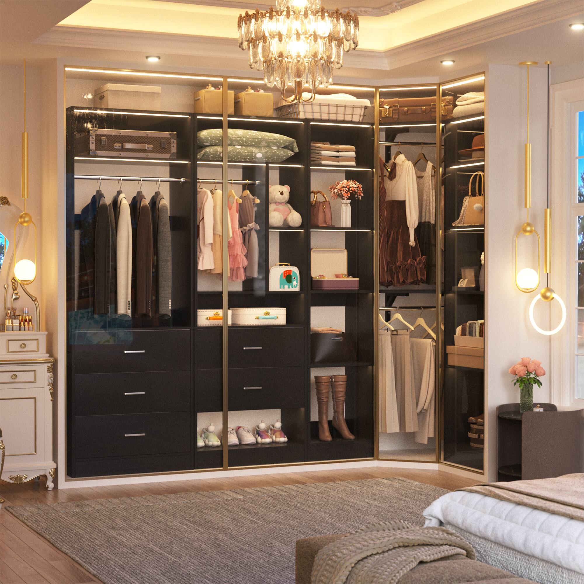 Left. Aheaplus - L-Shaped Closet System: 5-Drawer + 15+ Shelves + 4 Hanging Rods, Fits 63''-87'' Spaces, 2500lb Industrial-Grade Capacity - Black.