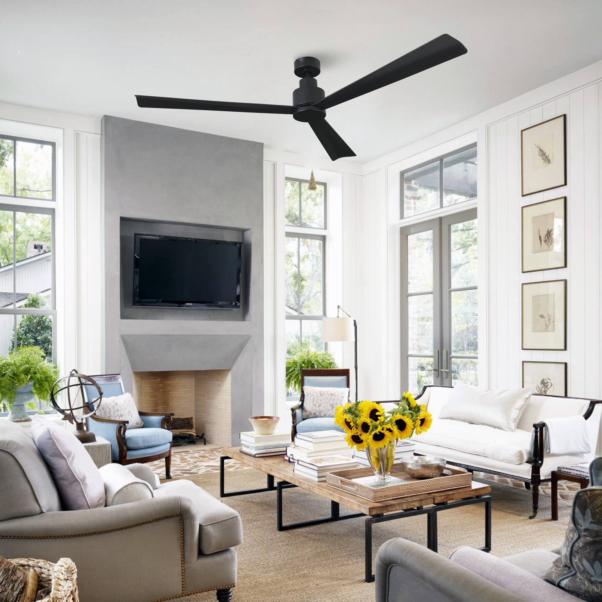 Angle. Parrot Uncle - 52" Modern 3-Blade Ceiling Fan with Reversible DC Motor, 6-Speed, Remote Control, No Light - Black.