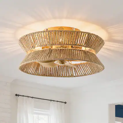 Front. Vaczon - 18" Bohemia Woven Hemp Rope Low-Profile Flush Mount Ceiling Fan Fadenlier with Remote for Bedroom and Living Room - Natural Jute.