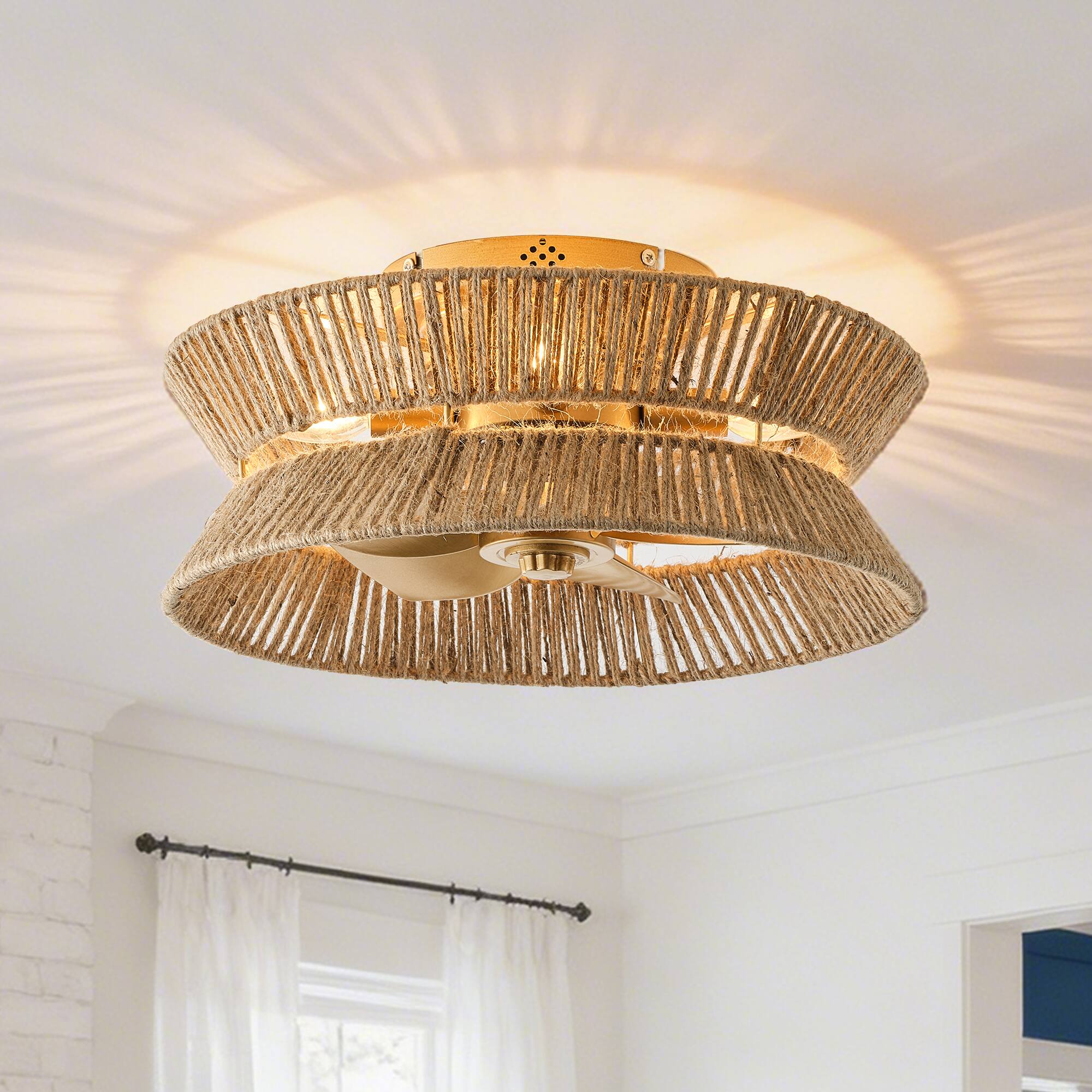 Front. Vaczon - 18" Bohemia Woven Hemp Rope Low-Profile Flush Mount Ceiling Fan Fadenlier with Remote for Bedroom and Living Room - Natural Jute.