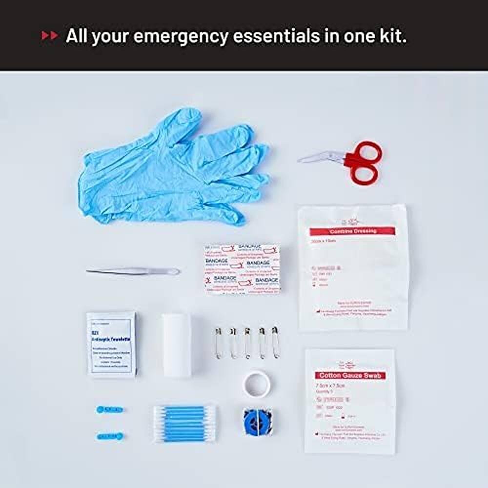 All your emergency essentials in one kit.  
- Canthana Dressing  
- BANDAGE  
- BANDAGE  
- BANDAGE  
- A-syh Treshots 3  
- R a  
- S t  
- Cotton Gauze Swab 1.5cm
