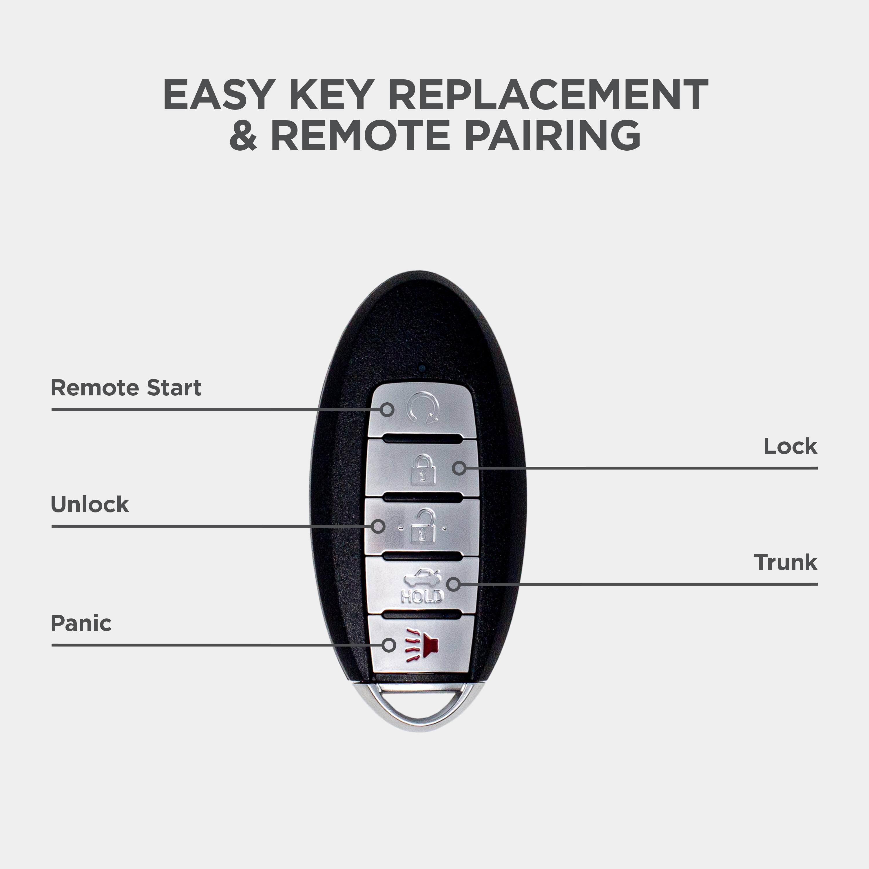 EASY KEY REPLACEMENT & REMOTE PAIRING

- Remote Start
- Unlock
- Panic
- Lock
- Trunk