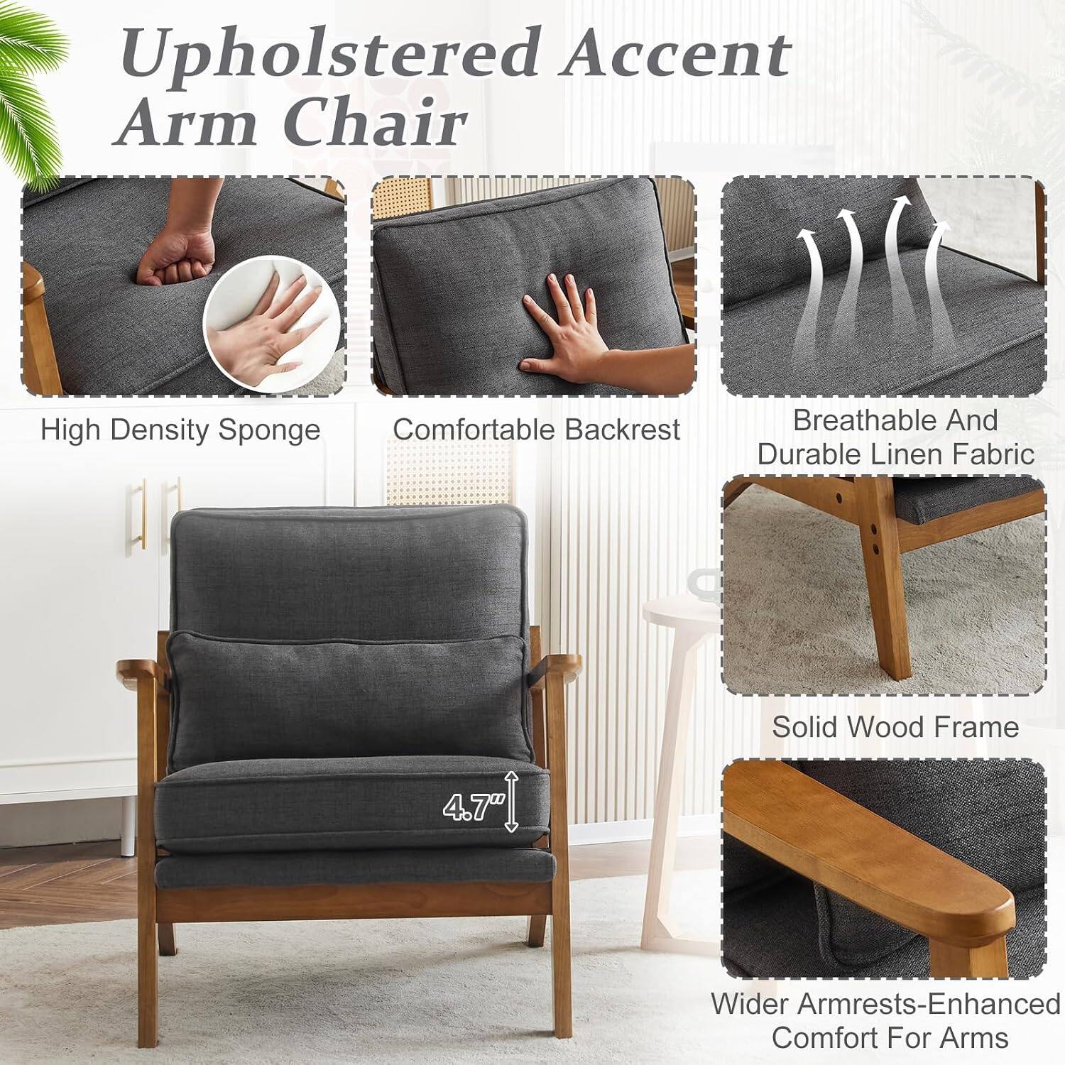 Upholstered Accent Arm Chair

- High Density Sponge
- Comfortable Backrest
- Breathable And Durable Linen Fabric
- Solid Wood Frame
- 4.7" Wider Armrests-Enhanced Comfort For Arms