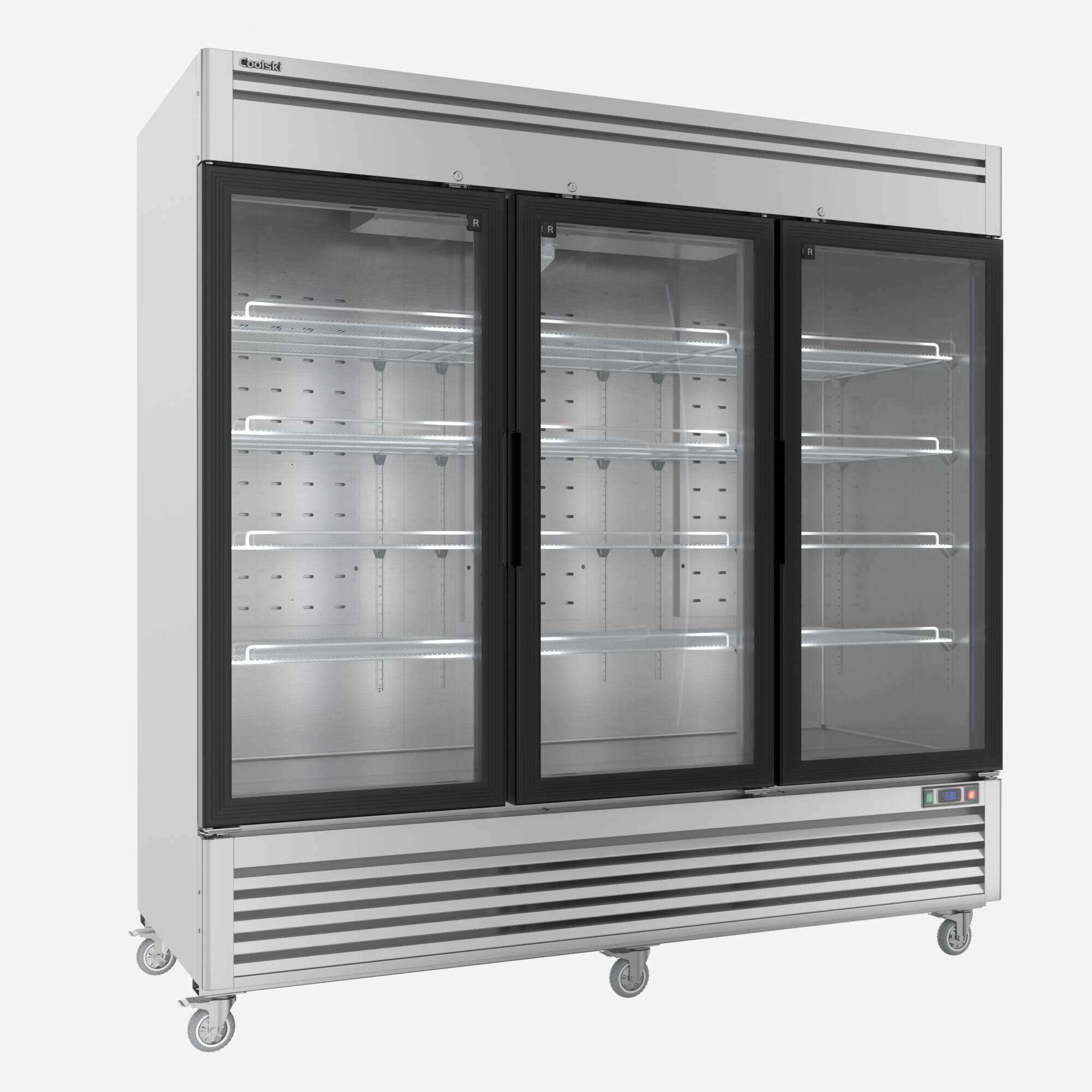 Left. Coolski - Coolski 82 in. 78.2 cu. ft. Commercial Display Refrigerator Merchandiser Beverage Cooler 3 Glass Door in Stainless Steel - Stainless steel.