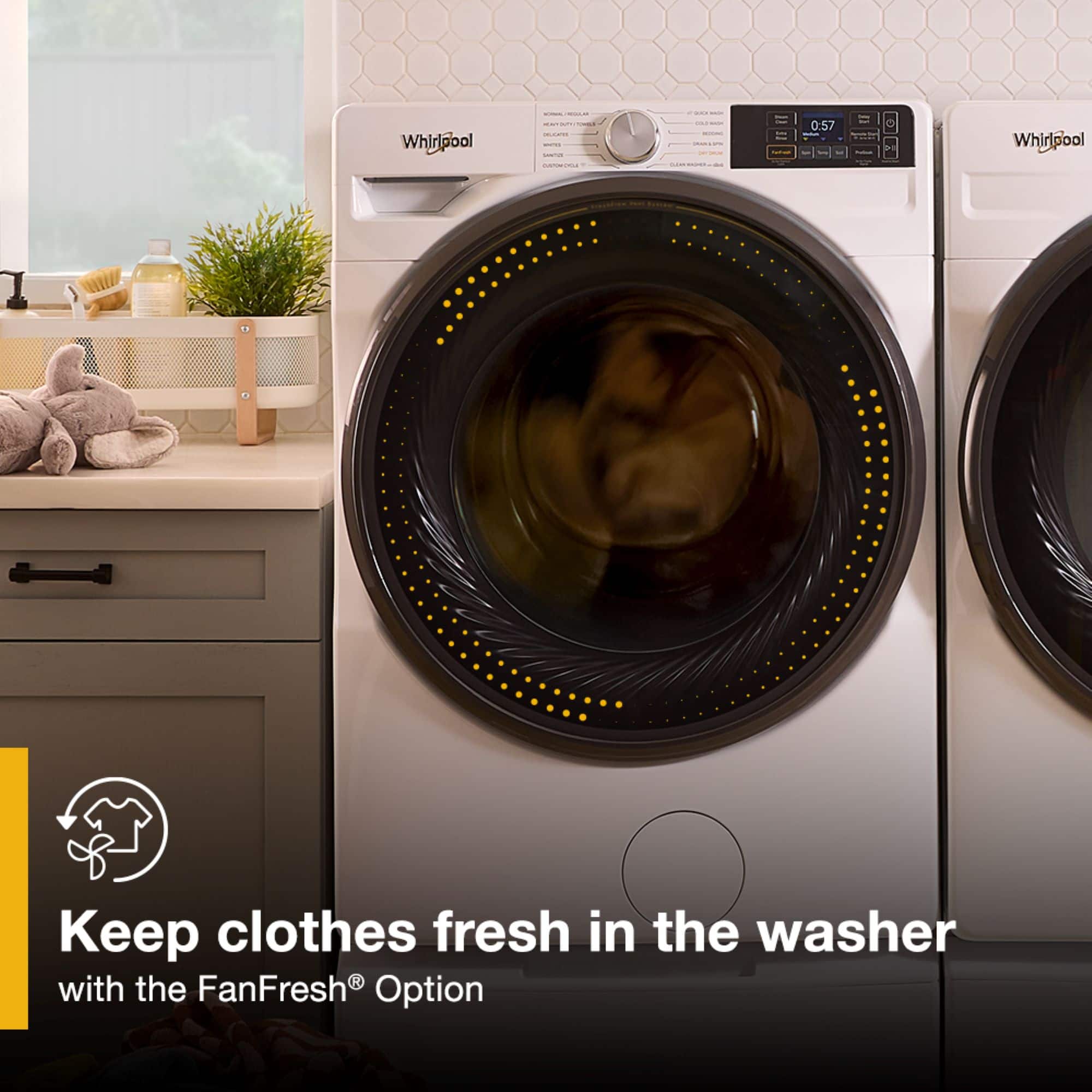 Whirlpool if - 0:57 I Whirlpool Keep clothes fresh in the washer with the FanFresh Option