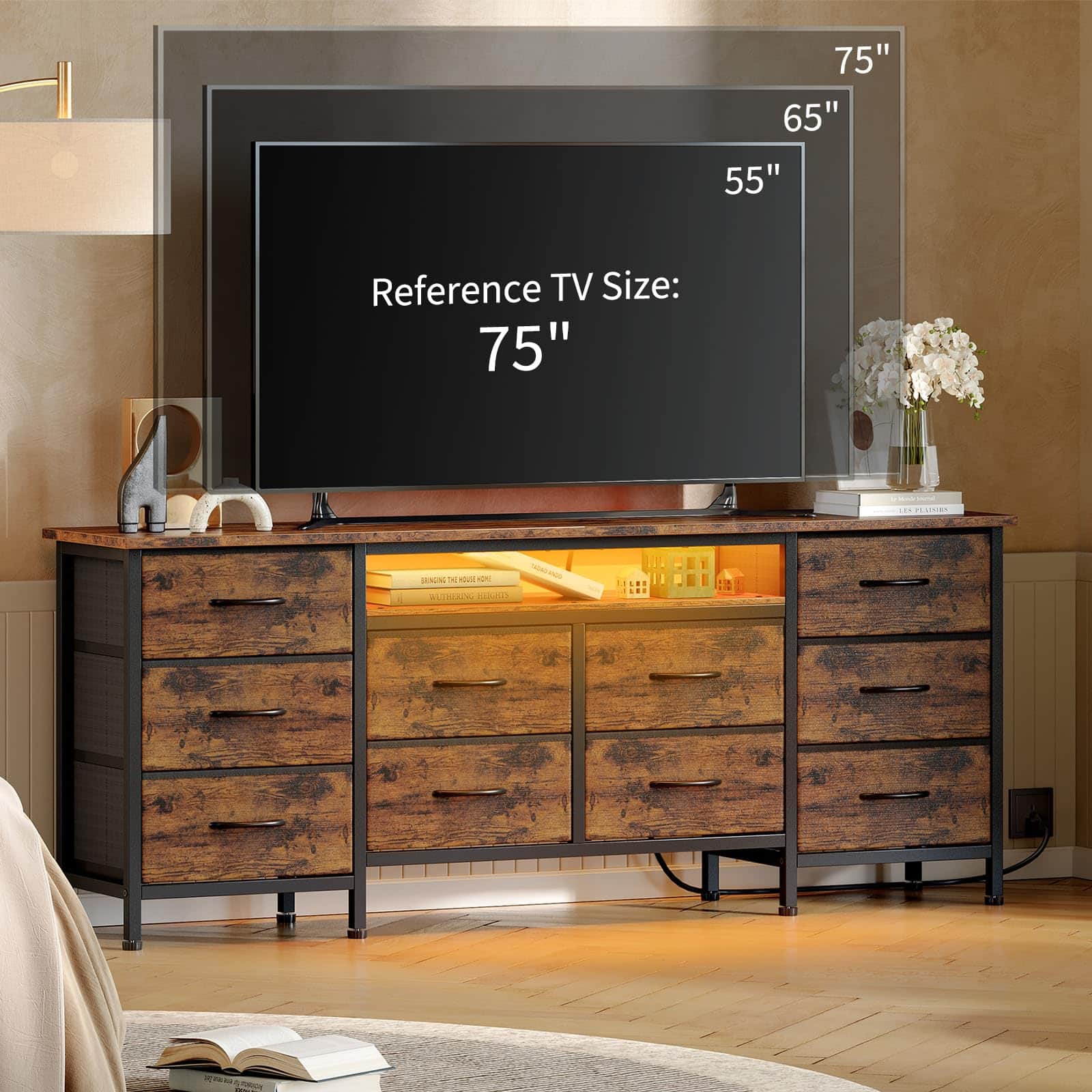 Qeetex - 63" TV Stand Dresser for 65–75" TVs, Entertainment Center with 10 Drawers, Power Outlets & LED Lighting - Brown