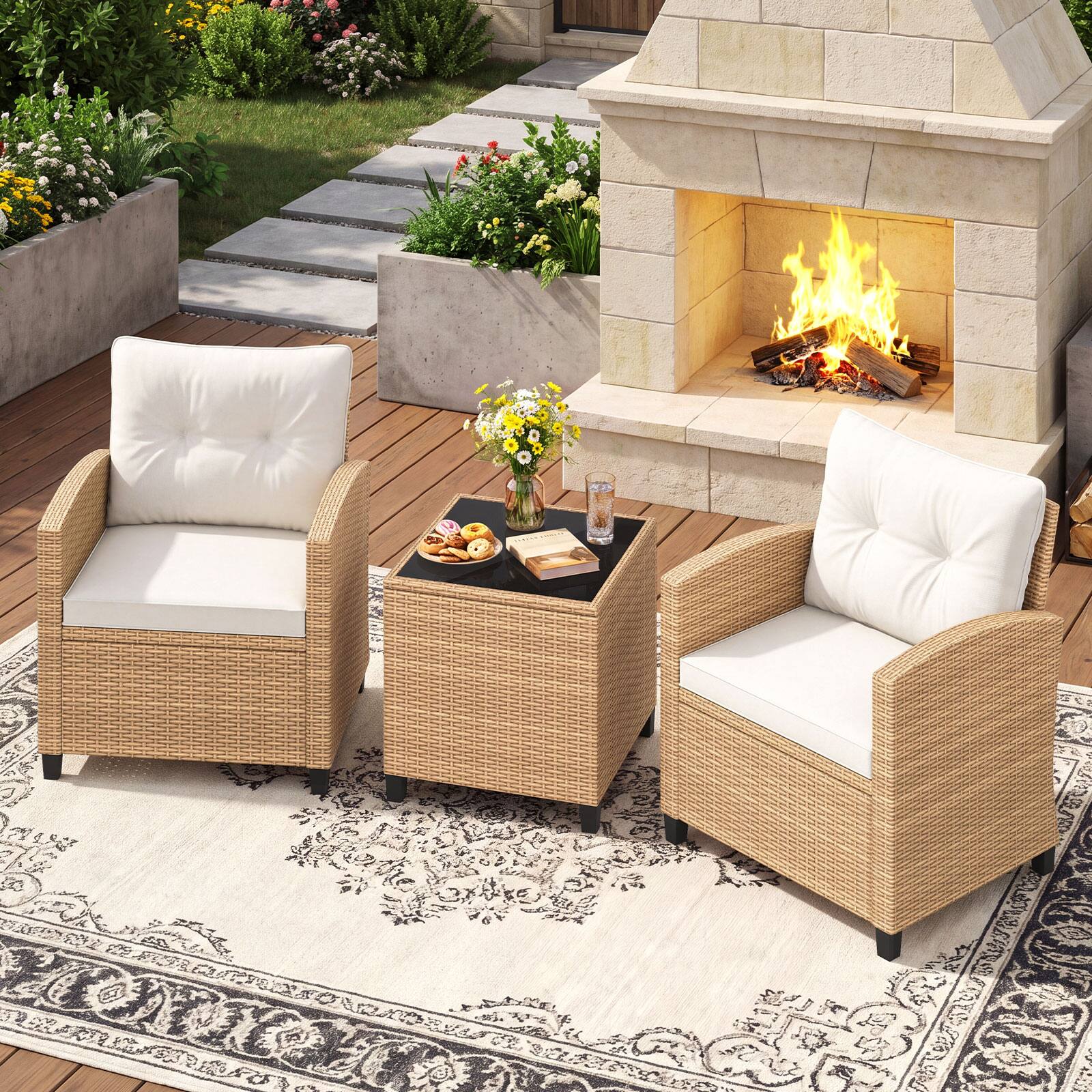 Alt View 3. Costway - Costway 3PCS Patio Furniture Set, Rattan Conversation Set with Soft Seat & Back Cushions - Light Brown+Off-White.