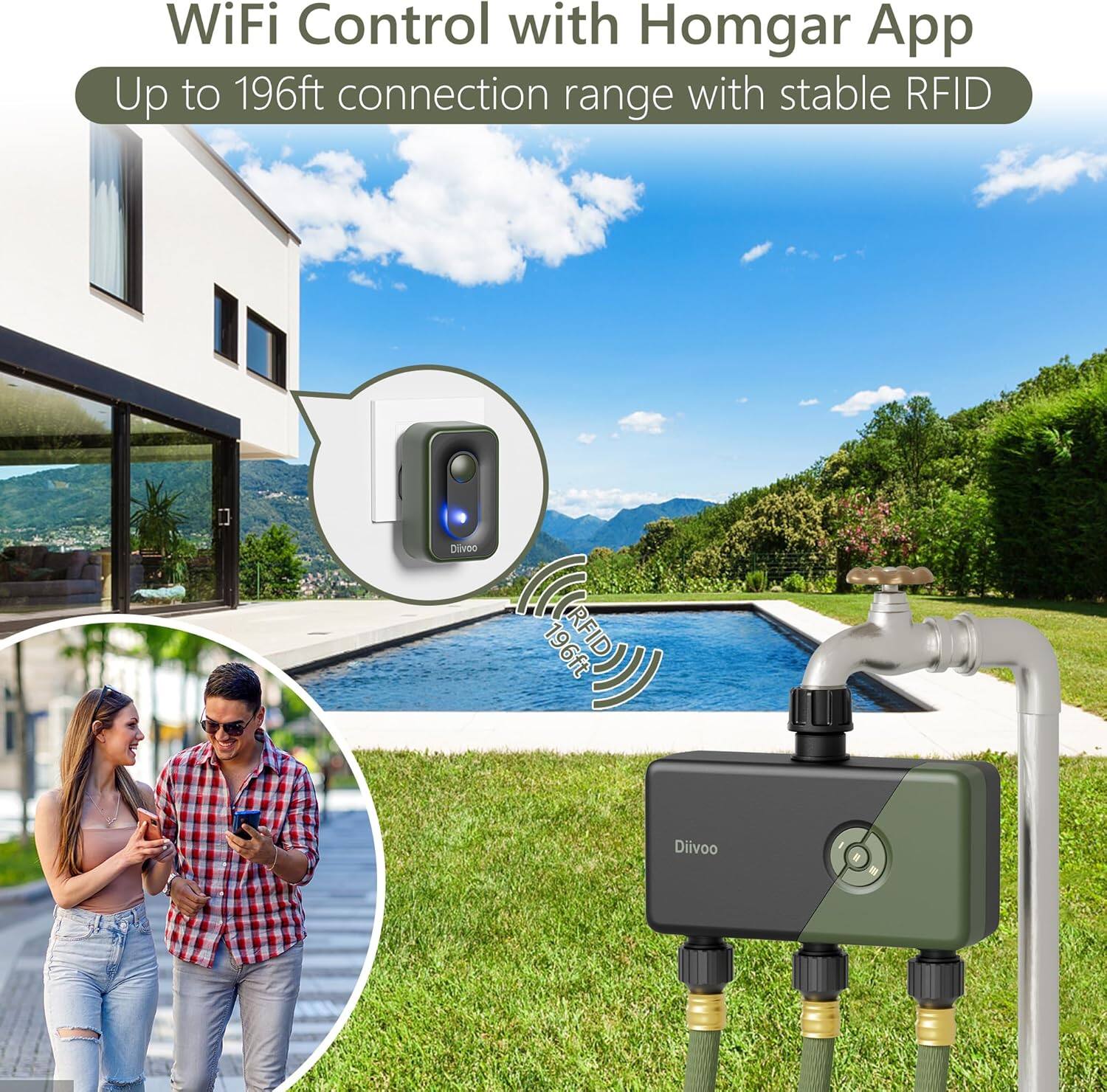 WiFi Control with Homgar App  
Up to 196ft connection range with stable RFID