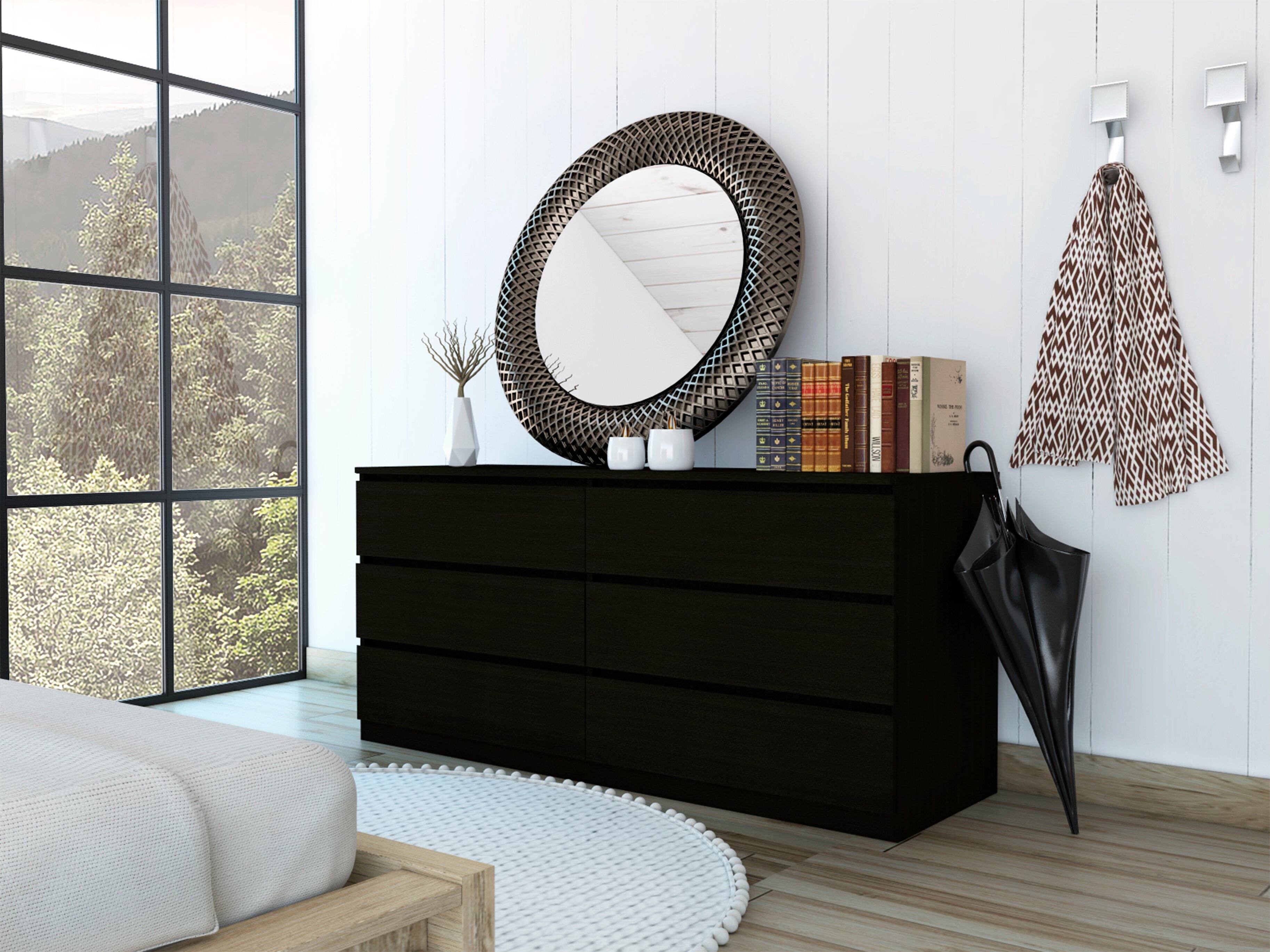 Angle. TuHome - Asteria 6 Drawer Double Dresser, Metal Handles - Black.