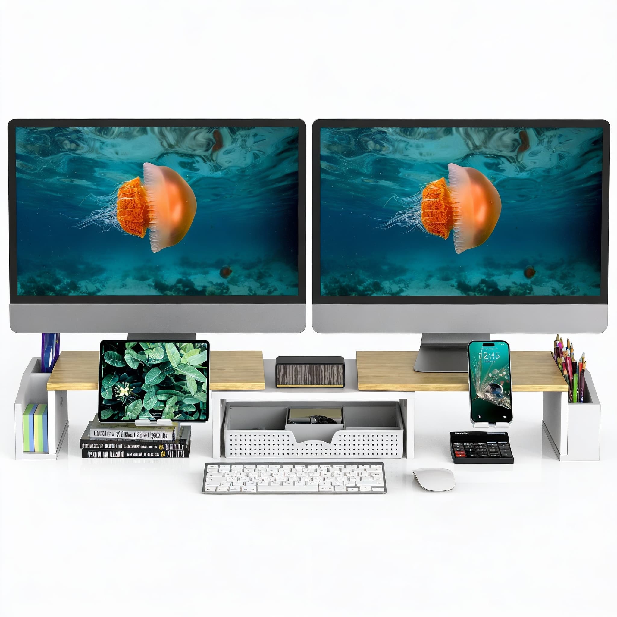 Frangdom - Dual Monitor Stand Riser with Drawer - Oak